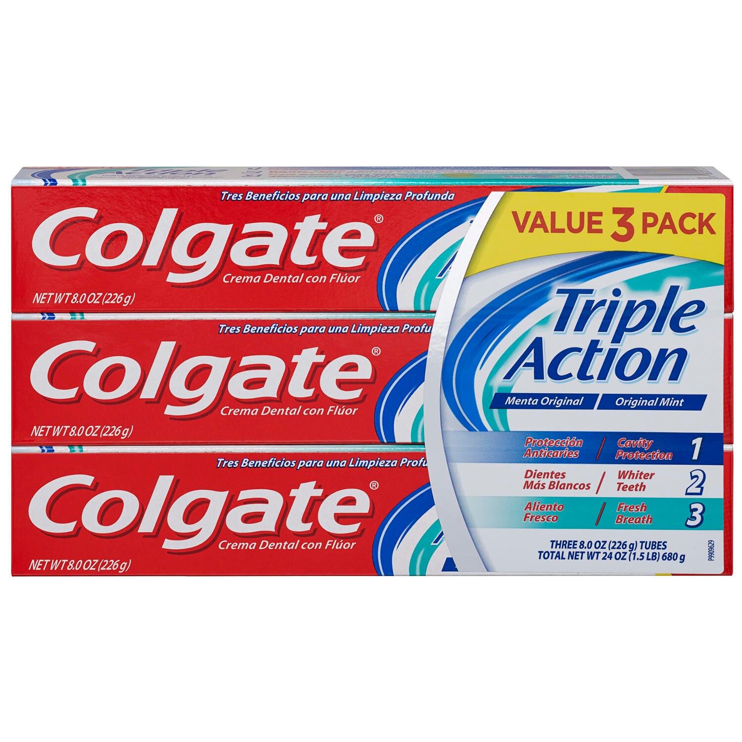 Colgate Triple Action Anticavity Toothpaste, Original Mint, 8 OZ, 3 Pack