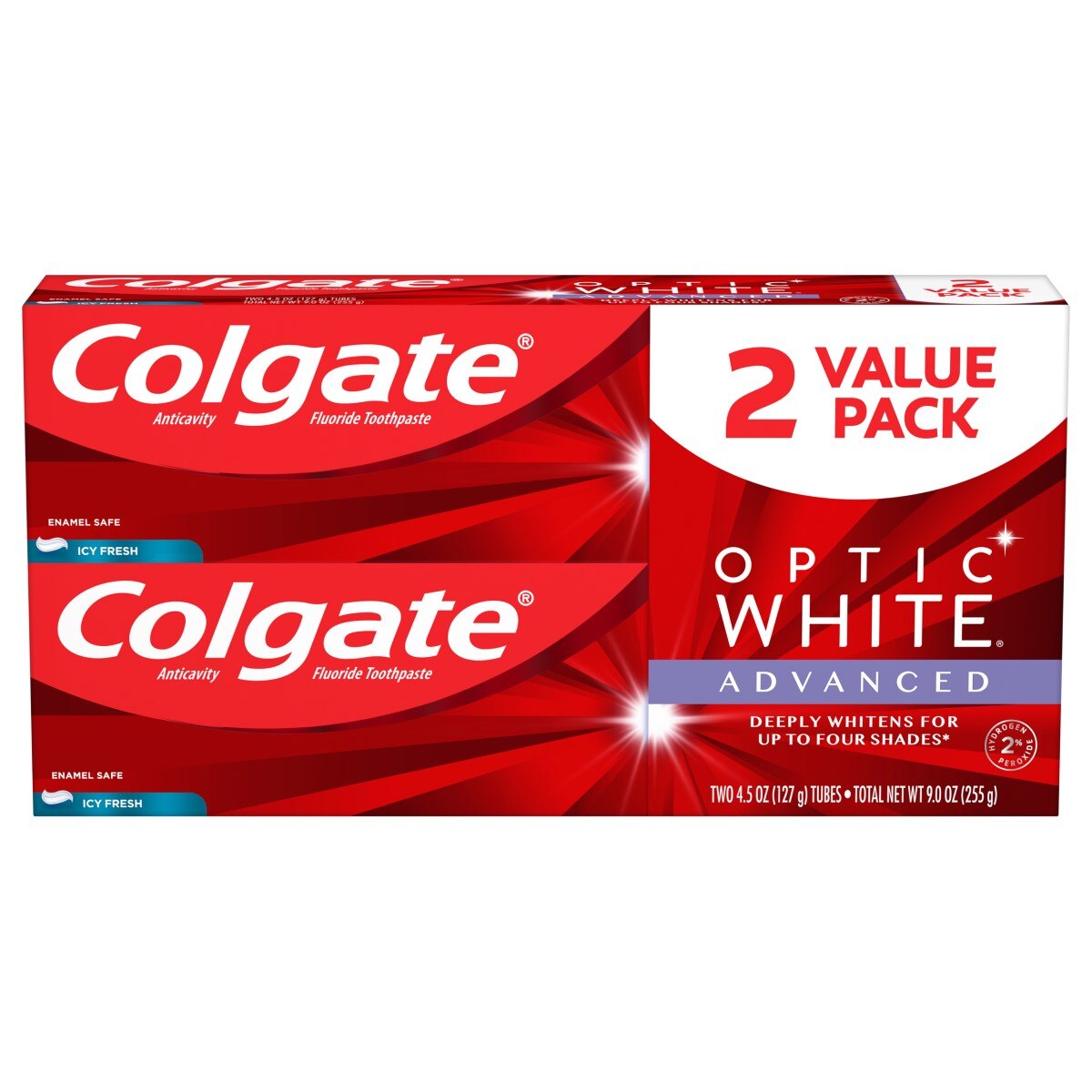 Colgate Optic White Advanced Teeth Whitening Toothpaste, Icy Fresh, 4.5 OZ, 2 Pack