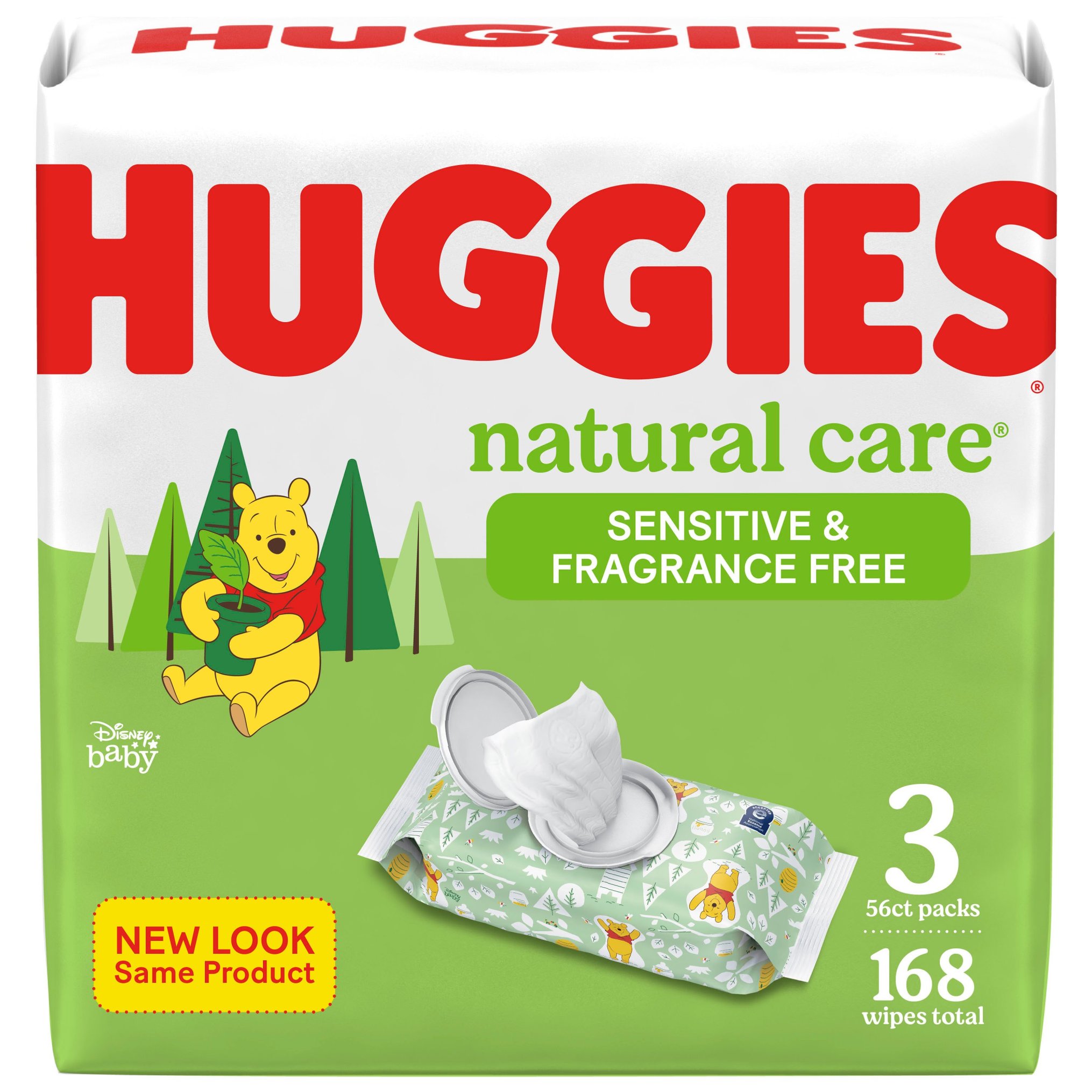 Huggies Natural Care Sensitive Baby Wipes, Unscented, 3 Flip-Top Packs (168 Wipes Total)