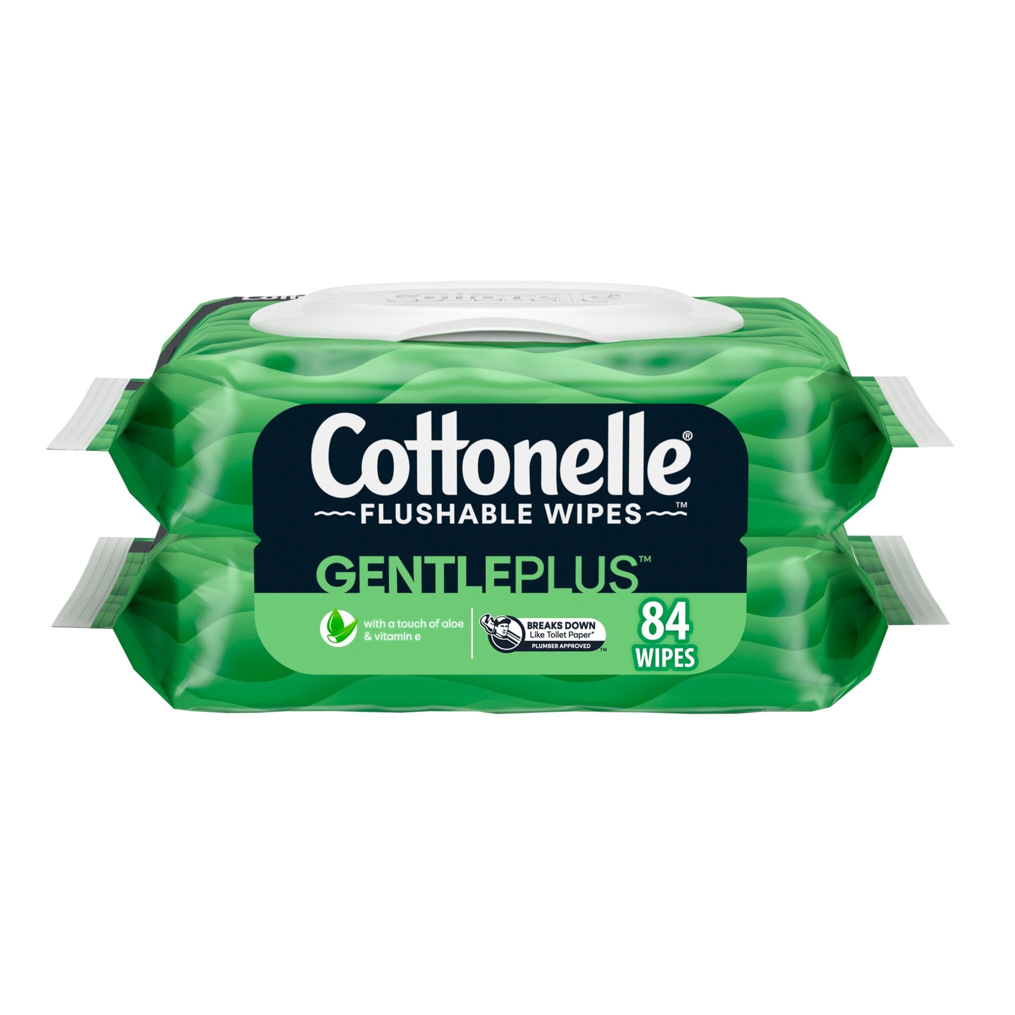 Cottonelle GentlePlus Flushable Wet Wipes with Aloe & Vitamin E, Adult Wet Wipes, 2 Flip-Top Packs, 42 Wipes per Pack (84 Total Flushable Wipes)