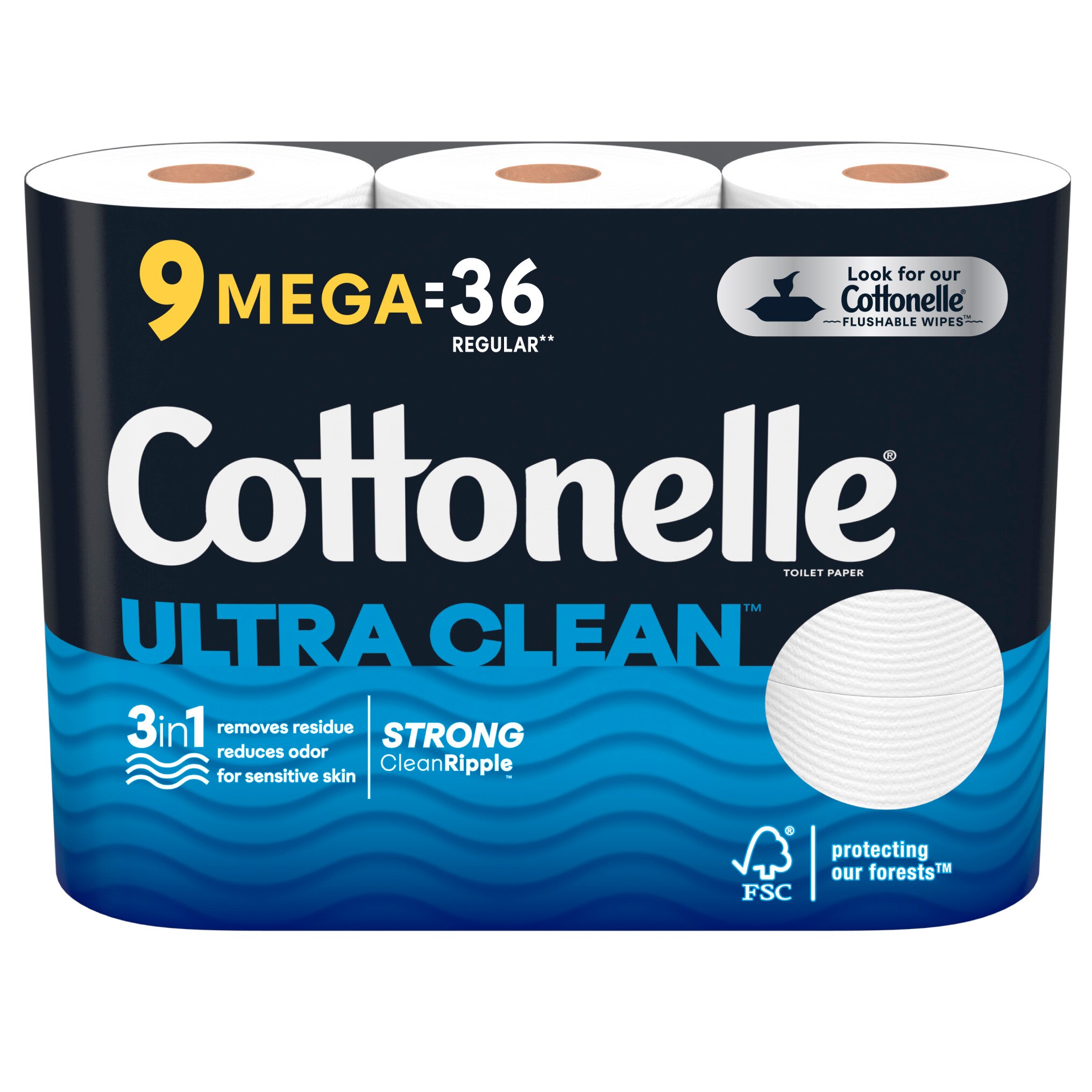 Cottonelle Ultra Clean Toilet Paper, Strong Toilet Tissue, 9 Mega Rolls (9 Mega Rolls = 36 Regular Rolls), 312 Sheets per Roll