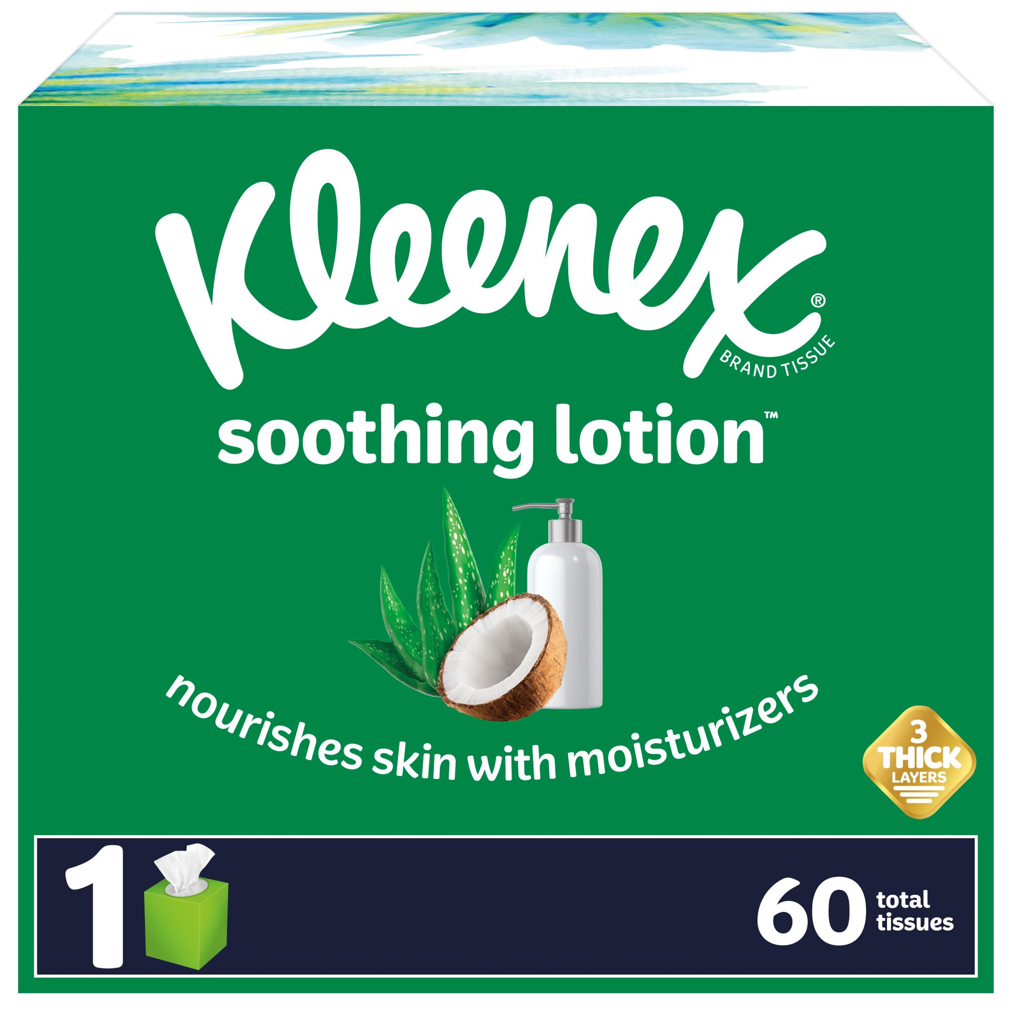 Kleenex Soothing Lotion Facial Tissues with Coconut Oil, Aloe & Vitamin E, 1 Cube Box, 60 Tissues per Box, 3-Ply (60 Total Tissues)