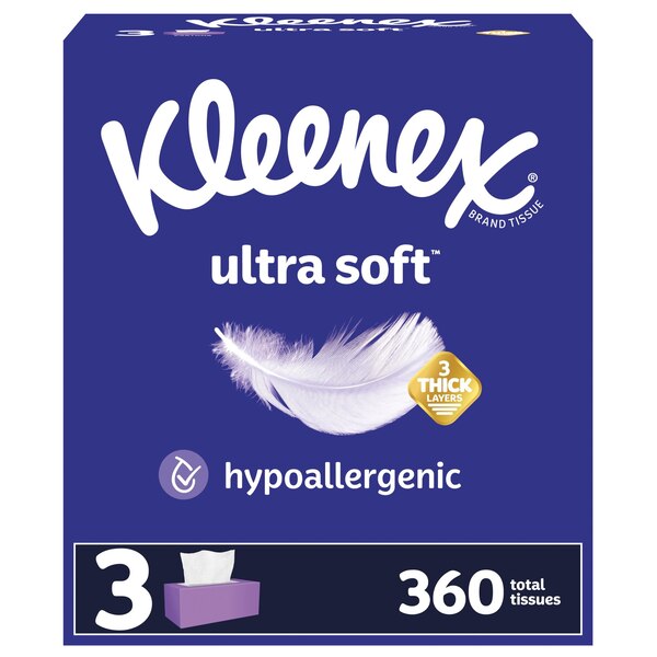 Kleenex Ultra Soft Facial Tissues, 3 Flat Boxes, 120 Tissues per Box, 3-Ply (360 Total Tissues)