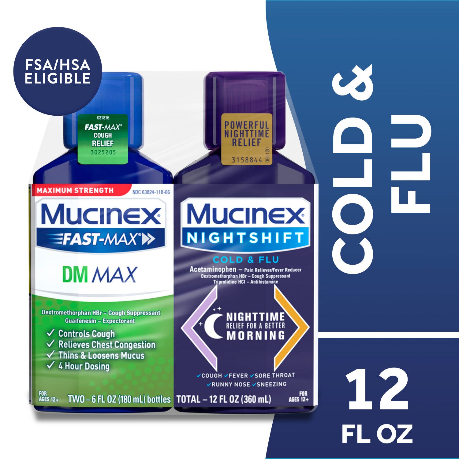 Mucinex Fast-Max DM Max & Nightshift Cold and Flu Combo Pack, 2 6 OZ bottles