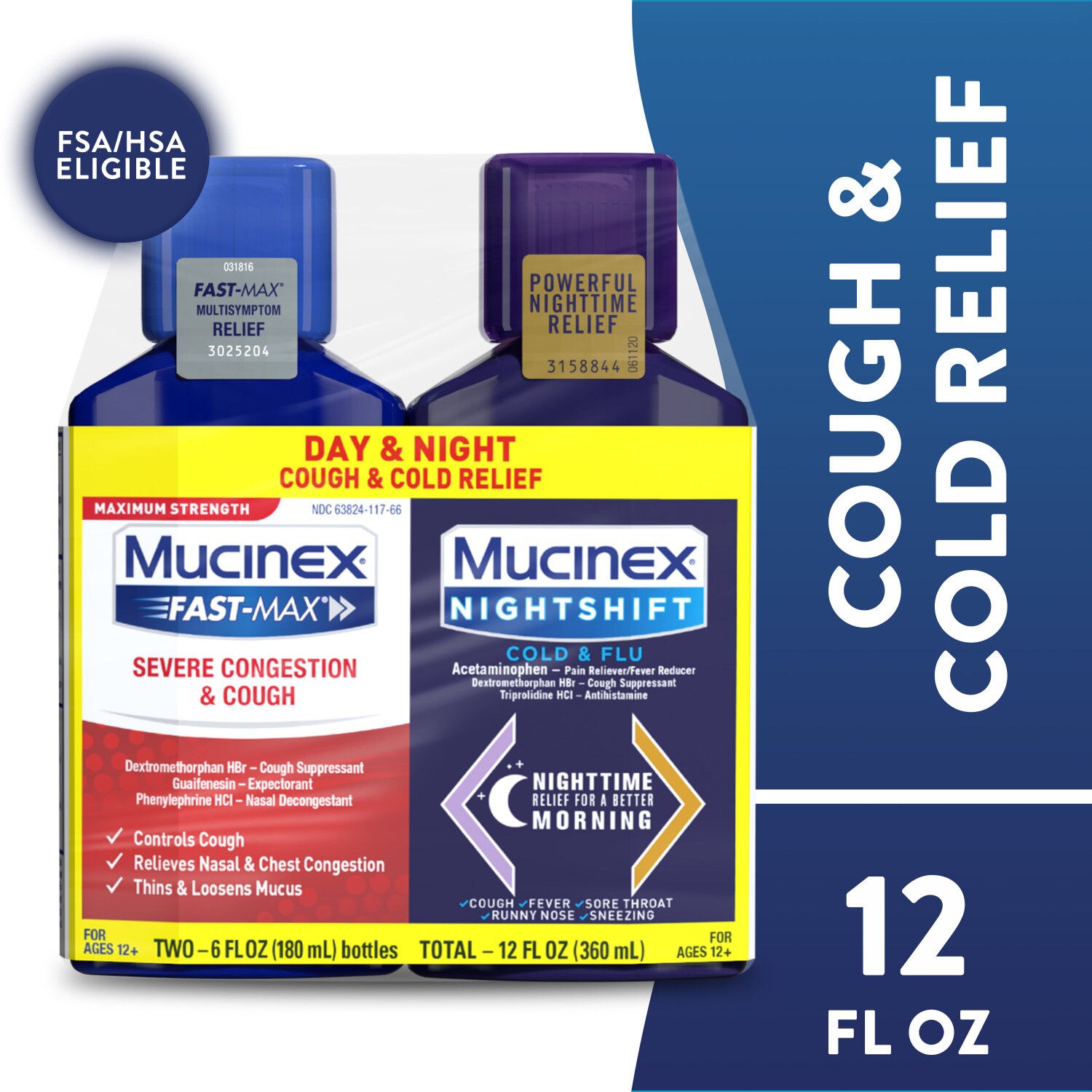 Mucinex Fast-Max Severe Congestion and Cough & Nightshift Cold and Flu Combo Pack, 2 6 OZ bottles