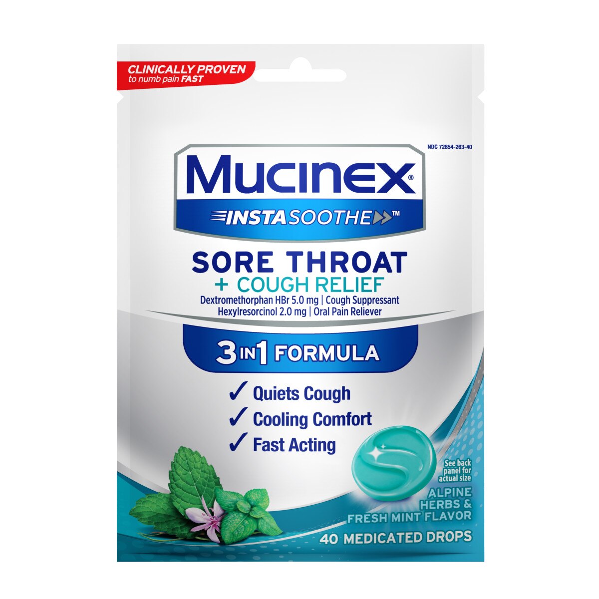 Mucinex InstaSoothe Sore Throat + Cough Relief Medicated Lozenges, Alpine Herbs & Fresh Mint, 40 CT