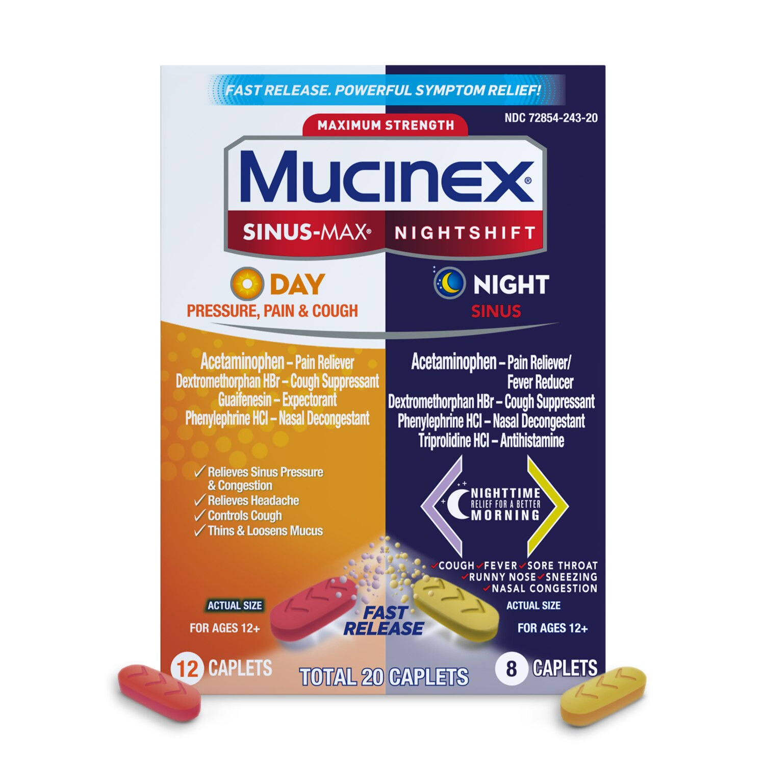 Mucinex Sinus-Max Maximum Strength Pressure, Pain & Cough & Nightshift Sinus Caplets, 20 CT