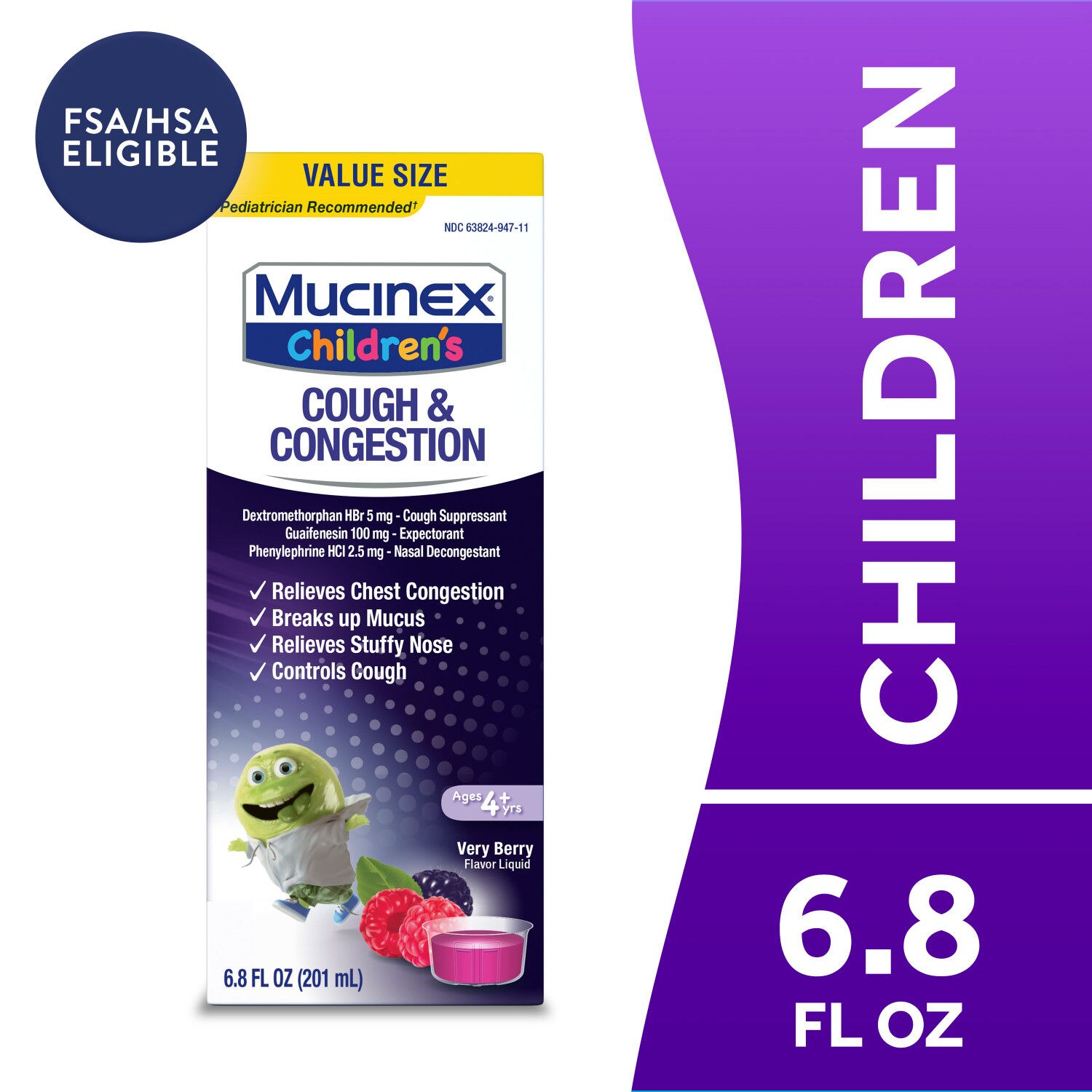 Mucinex Children's Congestion & Cough Liquid, Berrylicious, 6.8 OZ (Packaging May Vary)