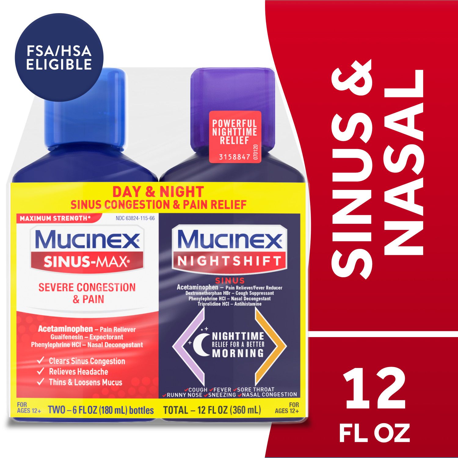 Mucinex Sinus-Max Severe Congestion and Pain & Nightshift Sinus Combo Pack, 2 6 OZ bottles