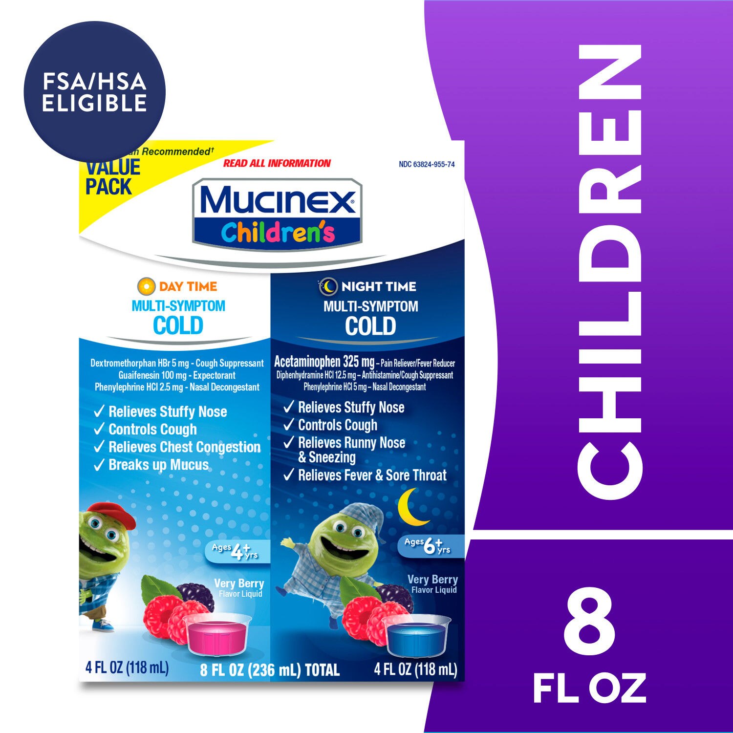 Mucinex Children's Multi-Symptom Day & Night Cold Relief Liquid, 2 x 4 OZ (Packaging May Vary)