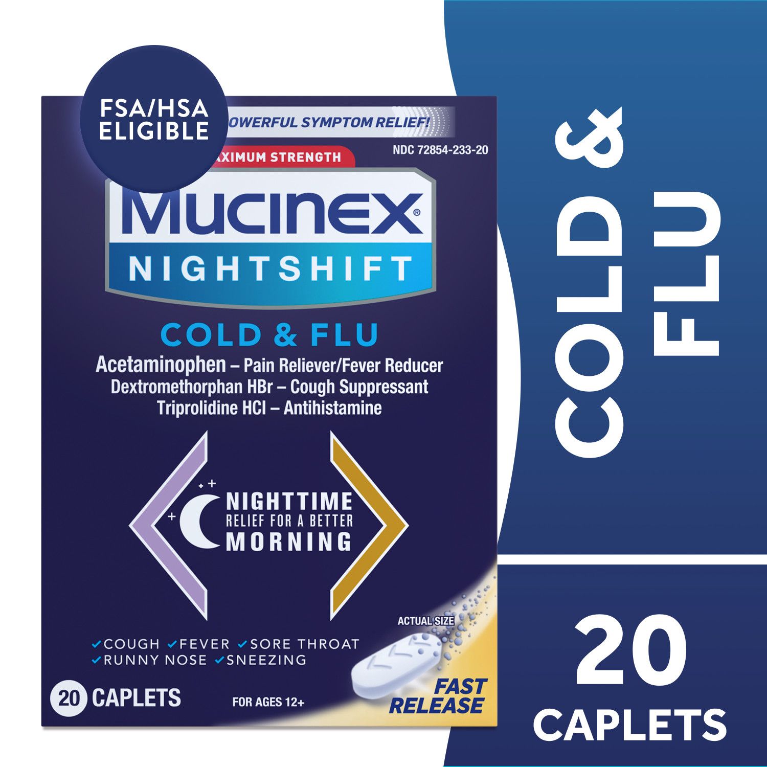 Mucinex Nightshift Cold & Flu Fast Release Caplets, Maximum Strength, 20 CT