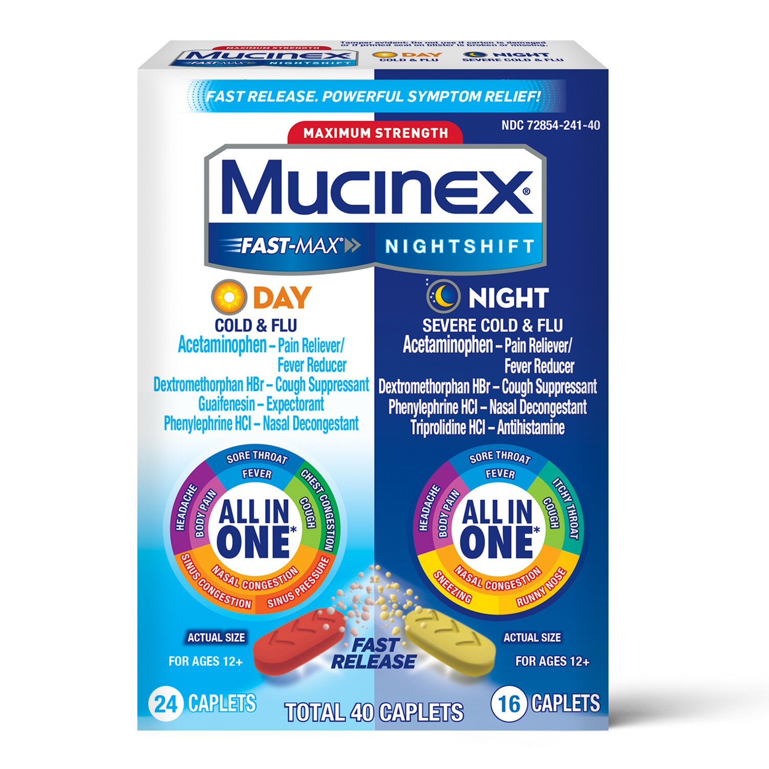 Mucinex Fast-Max Cold and Flu & Nightshift Severe Cold and Flu Caplets Combo Pack, 40 CT