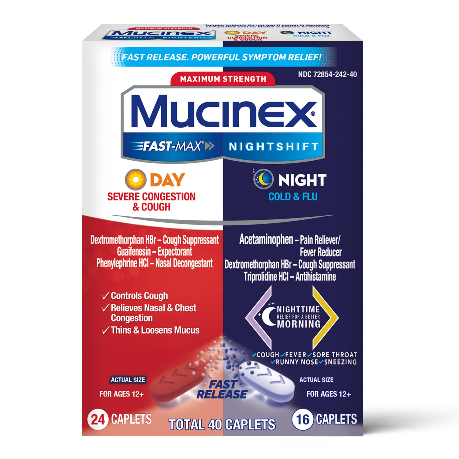 Mucinex Fast-Max Day Severe Congestion and Cough & Nightshift Cold and Flu Combo Pack, 40 CT