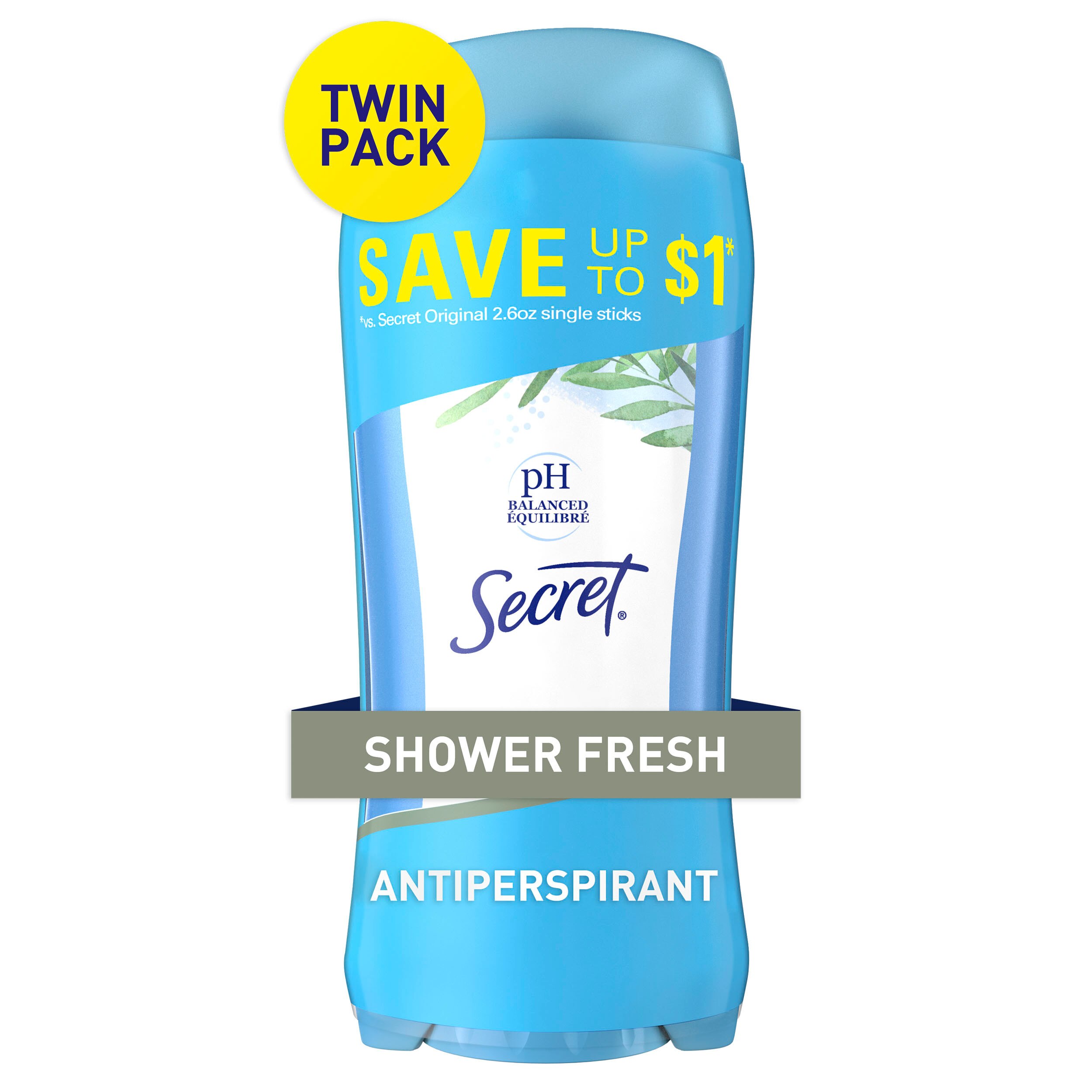 Secret pH Balanced 24-Hour Antiperspirant & Deodorant Stick, Shower Fresh, 2.6 OZ, 2 Pack