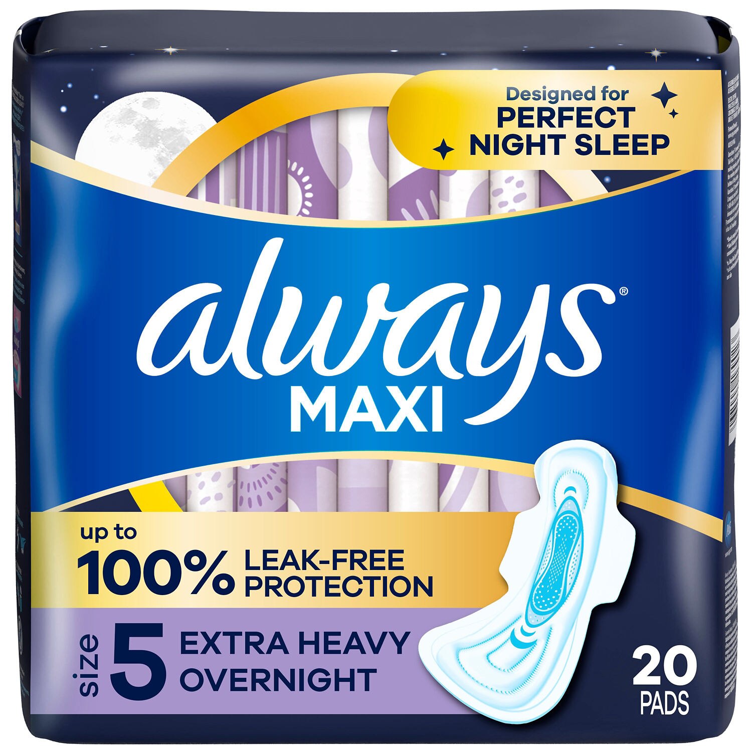 Always Size 5 Maxi Pads with Wings, Unscented, Extra Heavy Overnight