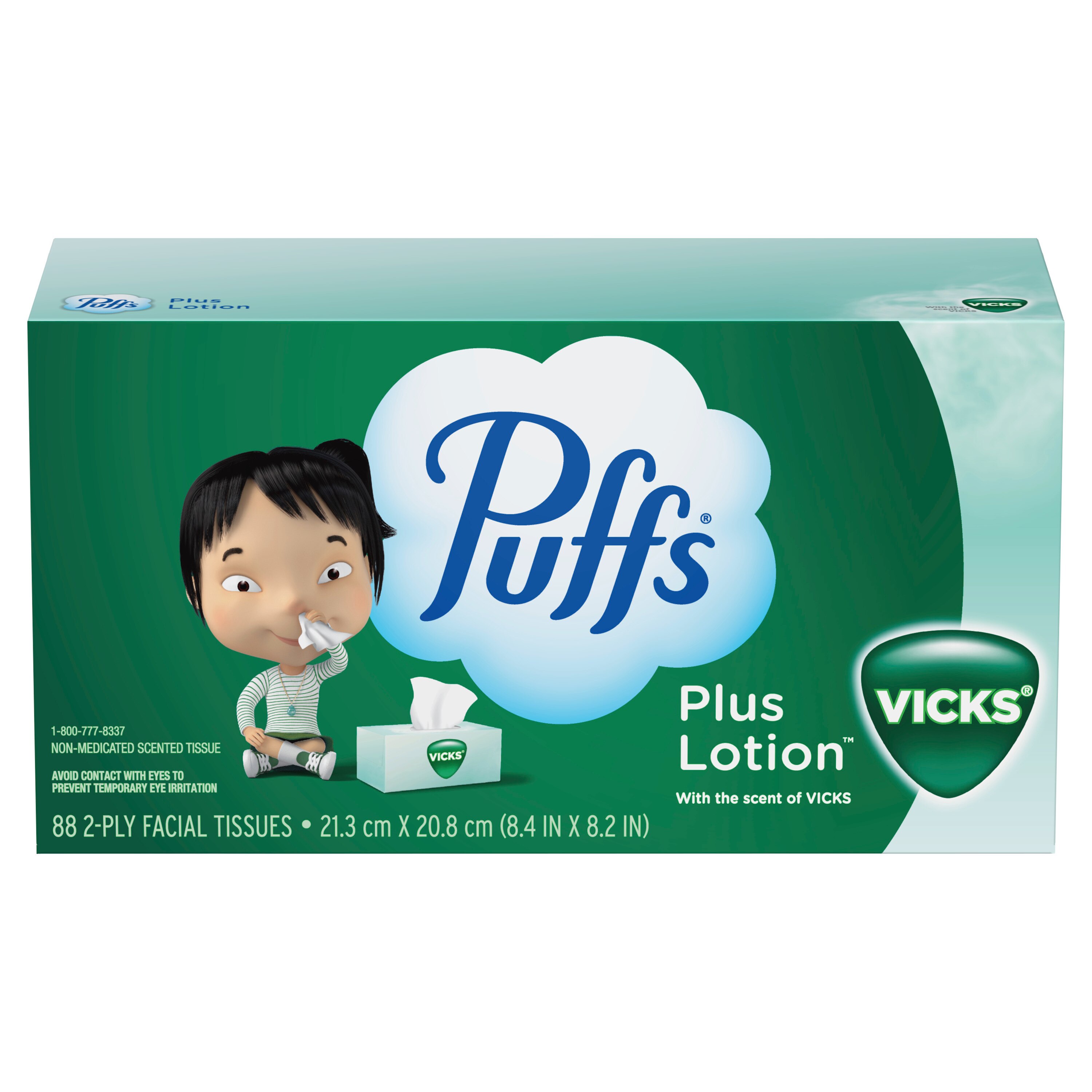 Puffs Plus Lotion with the Scent of Vick's Facial Tissues, 1 Family Size Box, 88 Tissues Per Box