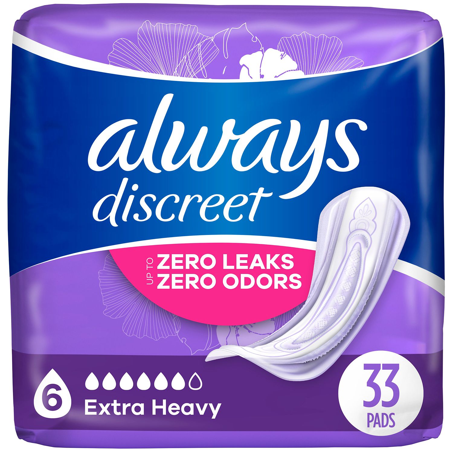 Always Discreet Incontinence Pads 6 Drop Extra Heavy Regular 33ct