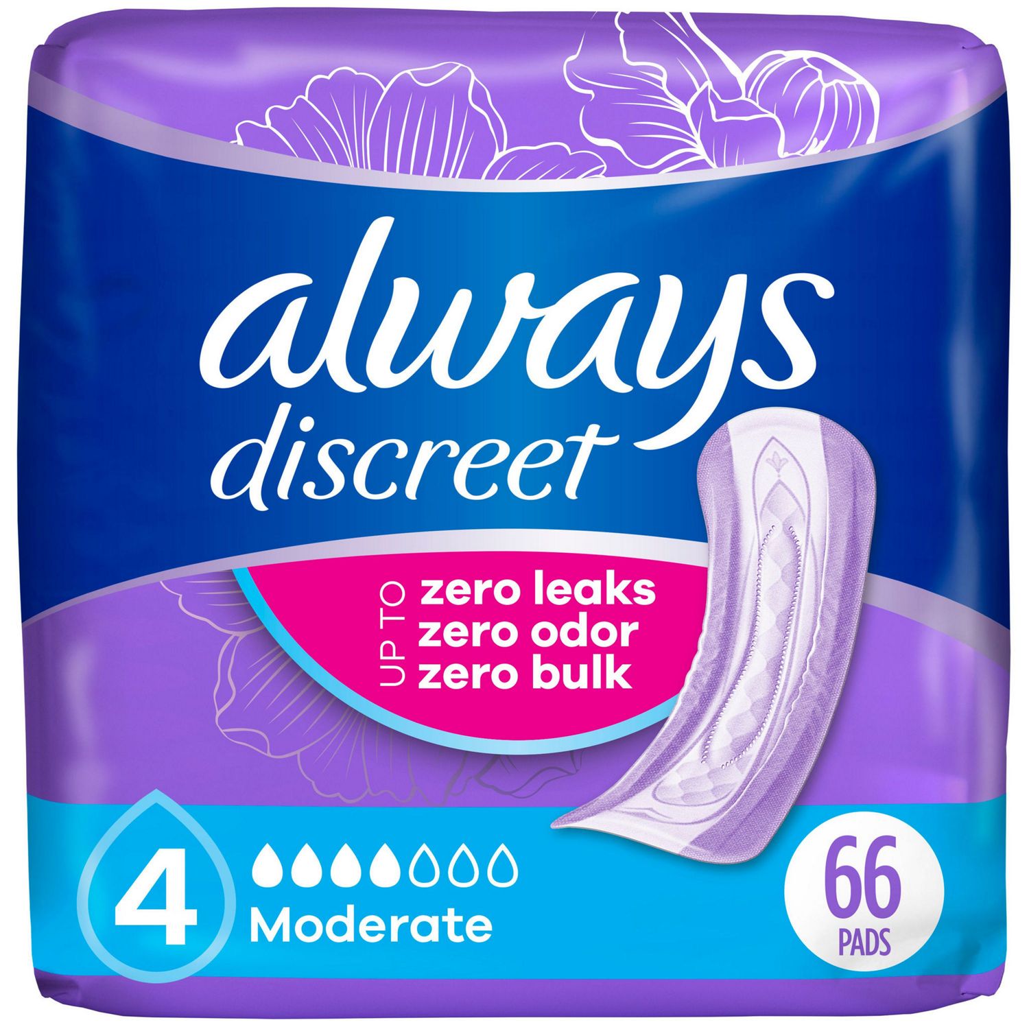 Always Discreet Incontinence Pads 4 Drop Moderate Absorbency, Regular, 66 CT