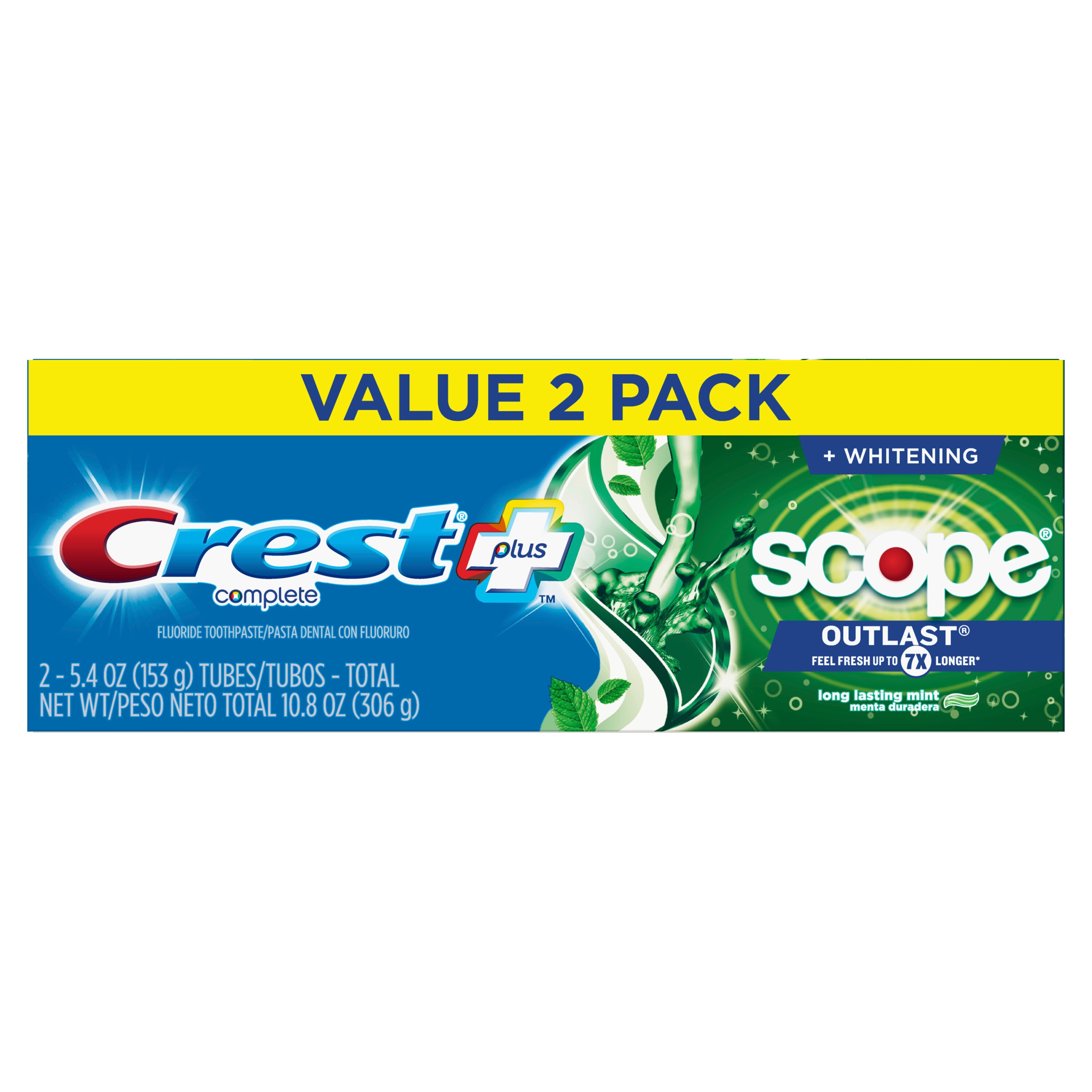 Crest + Scope Outlast Complete Whitening Toothpaste, Mint, 5.4 oz, Pack of 2