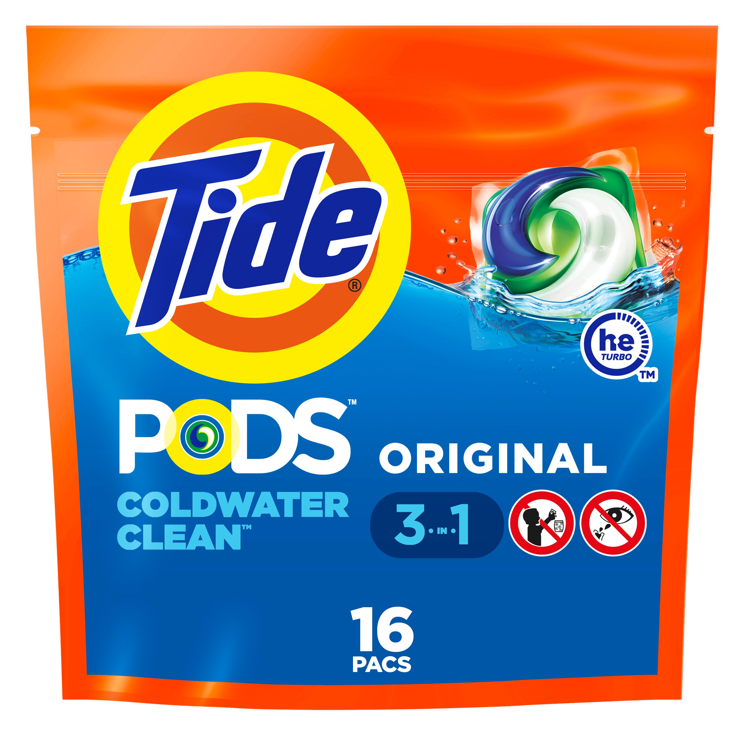 Tide PODS Liquid Detergent Pacs, Original Scent, 16 ct