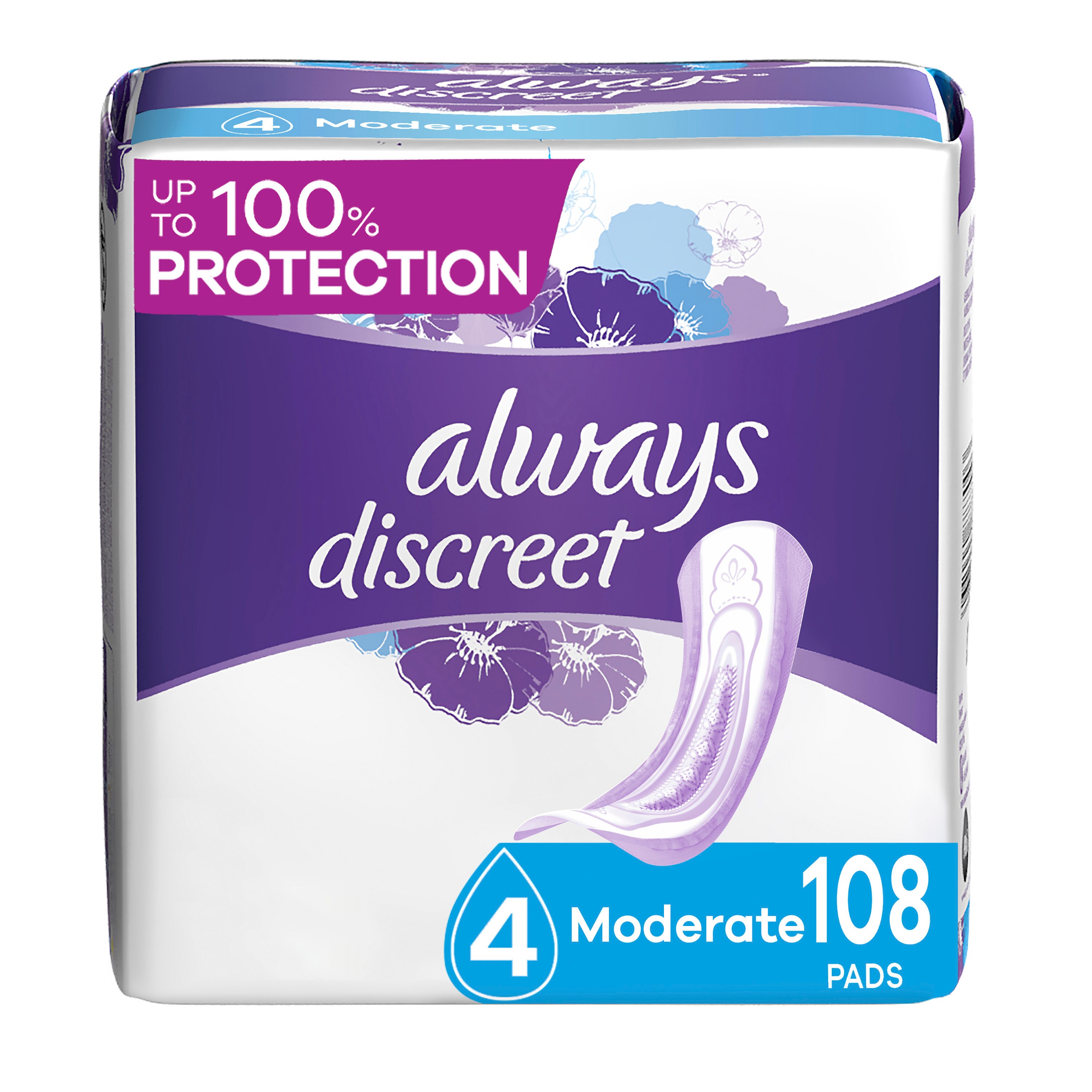 Always Discreet Women's Incontinence and Postpartum Pads, Moderate, 108 CT