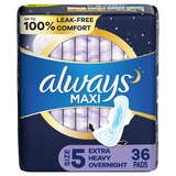 Always Size 5 Maxi Pads with Wings, Unscented, Extra Heavy Overnight, thumbnail image 1 of 9