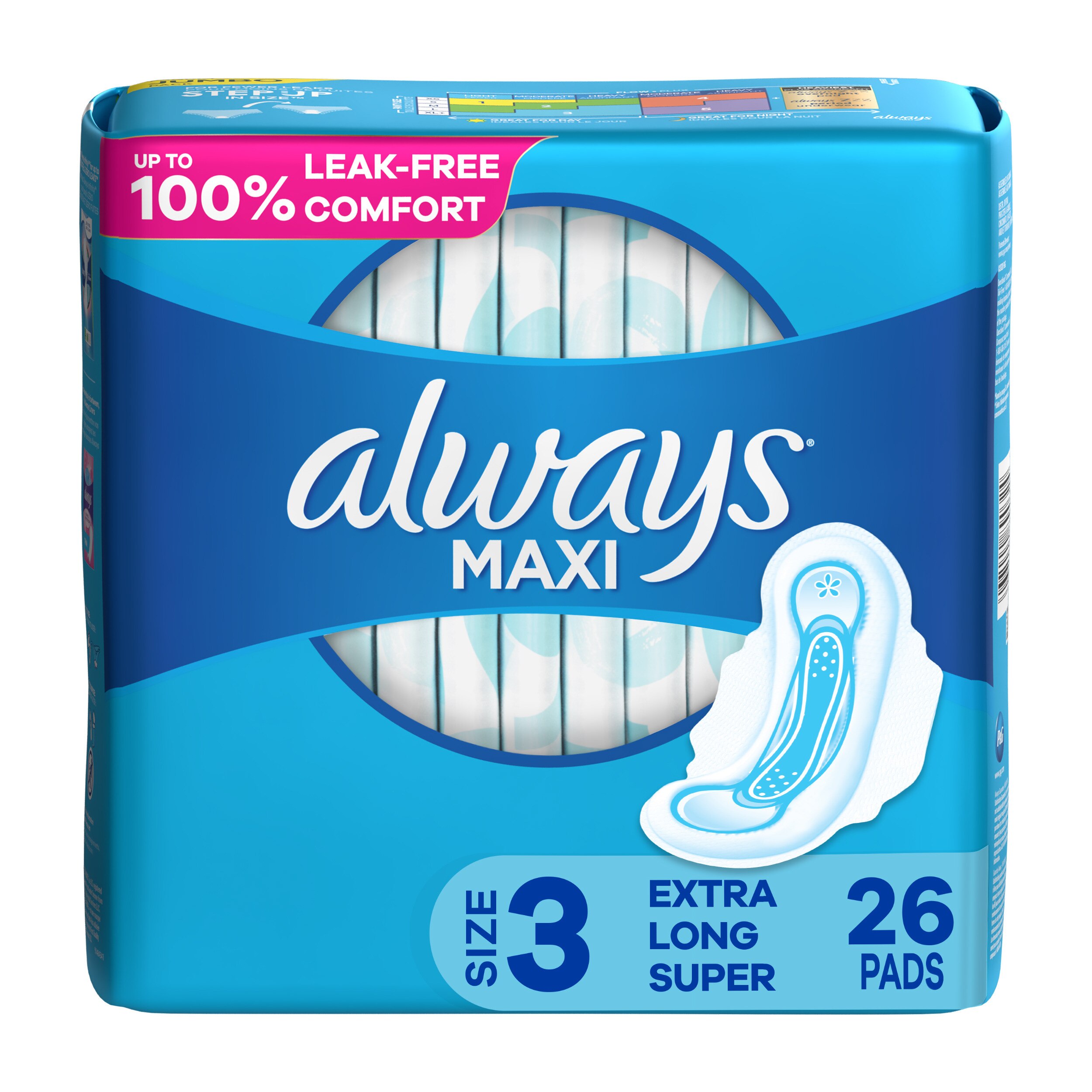 Always Maxi Pads Size 3 Extra Long Super Absorbency Unscented with Wings, 26 Count