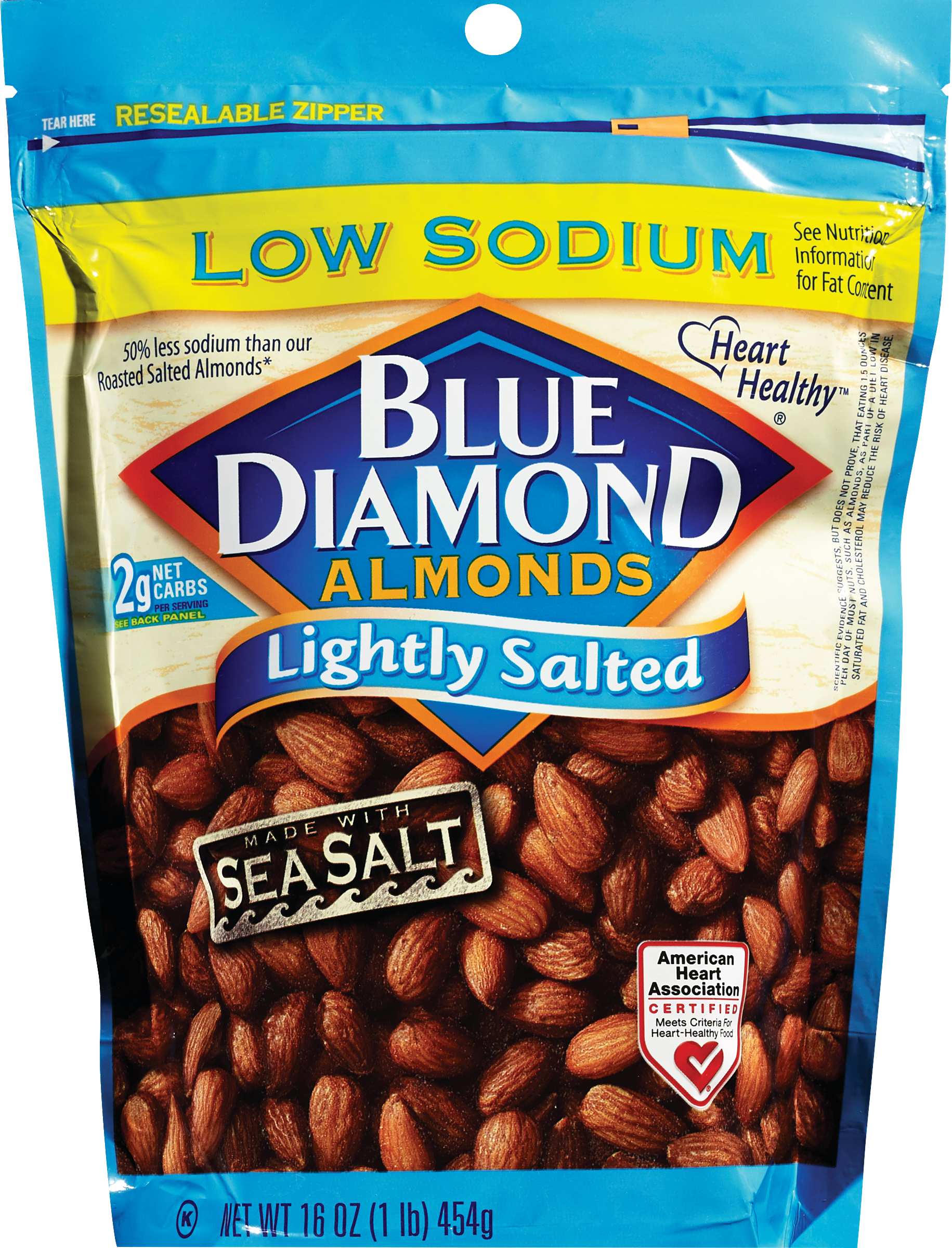 Blue Diamond Low Sodium Lightly Salted Amonds, Sea Salt, 16 oz