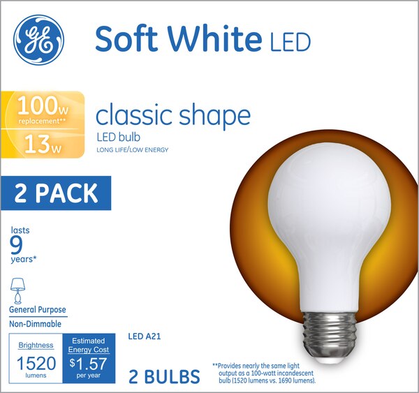 GE Classic Shape 13W Soft White LED Light Bulbs, A21, CT