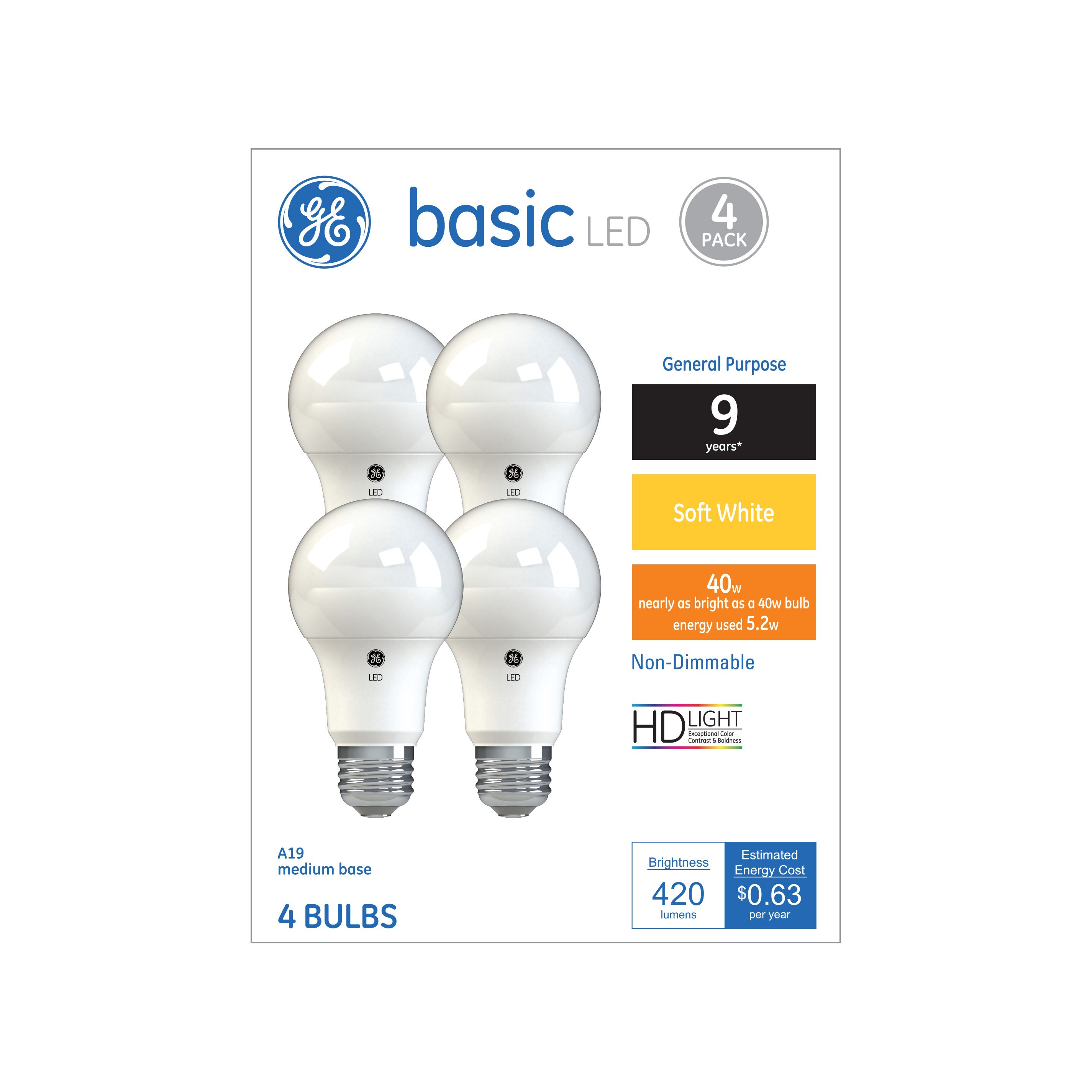 GE Basic Soft White LED 40W Replacement White General Purpose A19 Light Bulbs, 4 ct