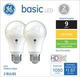 GE Basic LED Soft White 75W Light Bulbs, A19, 2 CT, thumbnail image 1 of 3