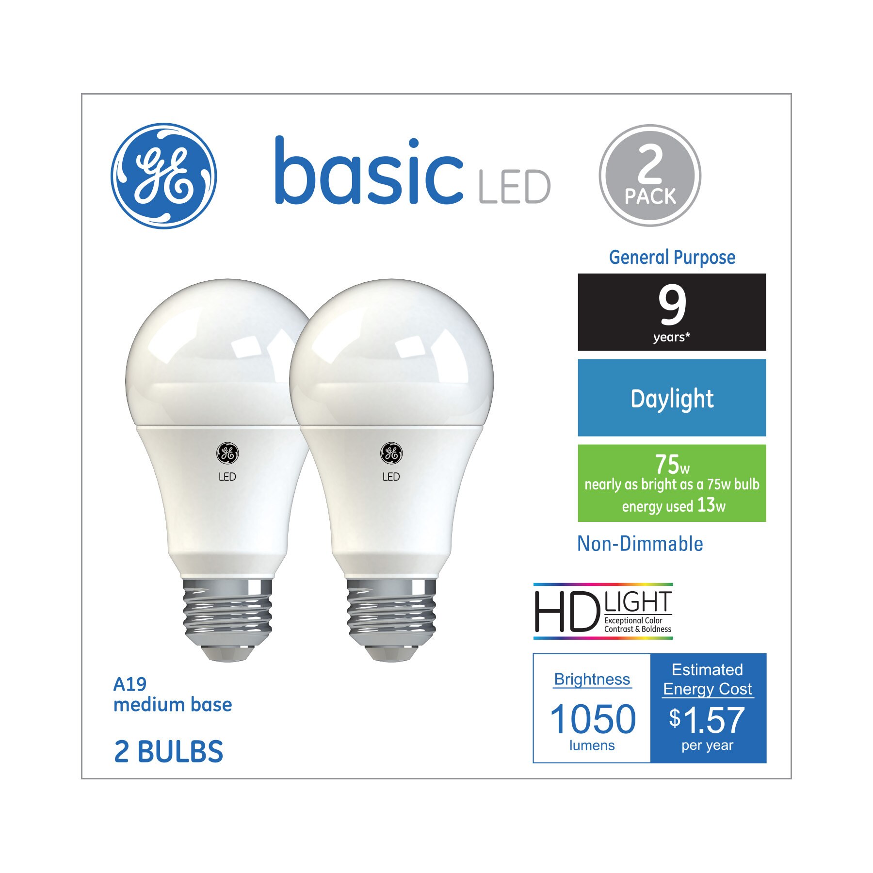 GE Basic Daylight LED 75W Replacement White General Purpose A19 Light Bulbs, 2 ct