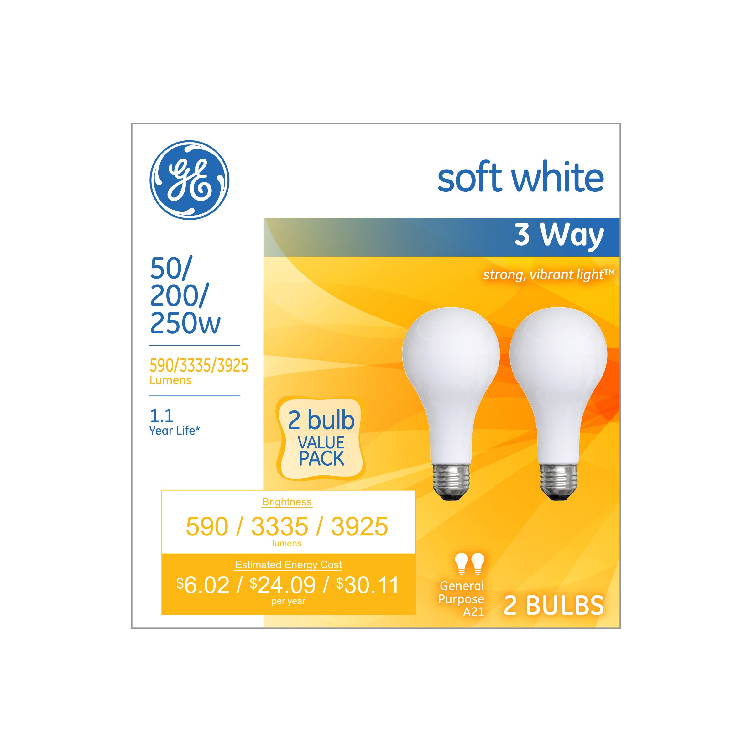 GE Soft White 50-200-250W Incandescent 3-Way Frosted A21 Light Bulbs, 2 ct