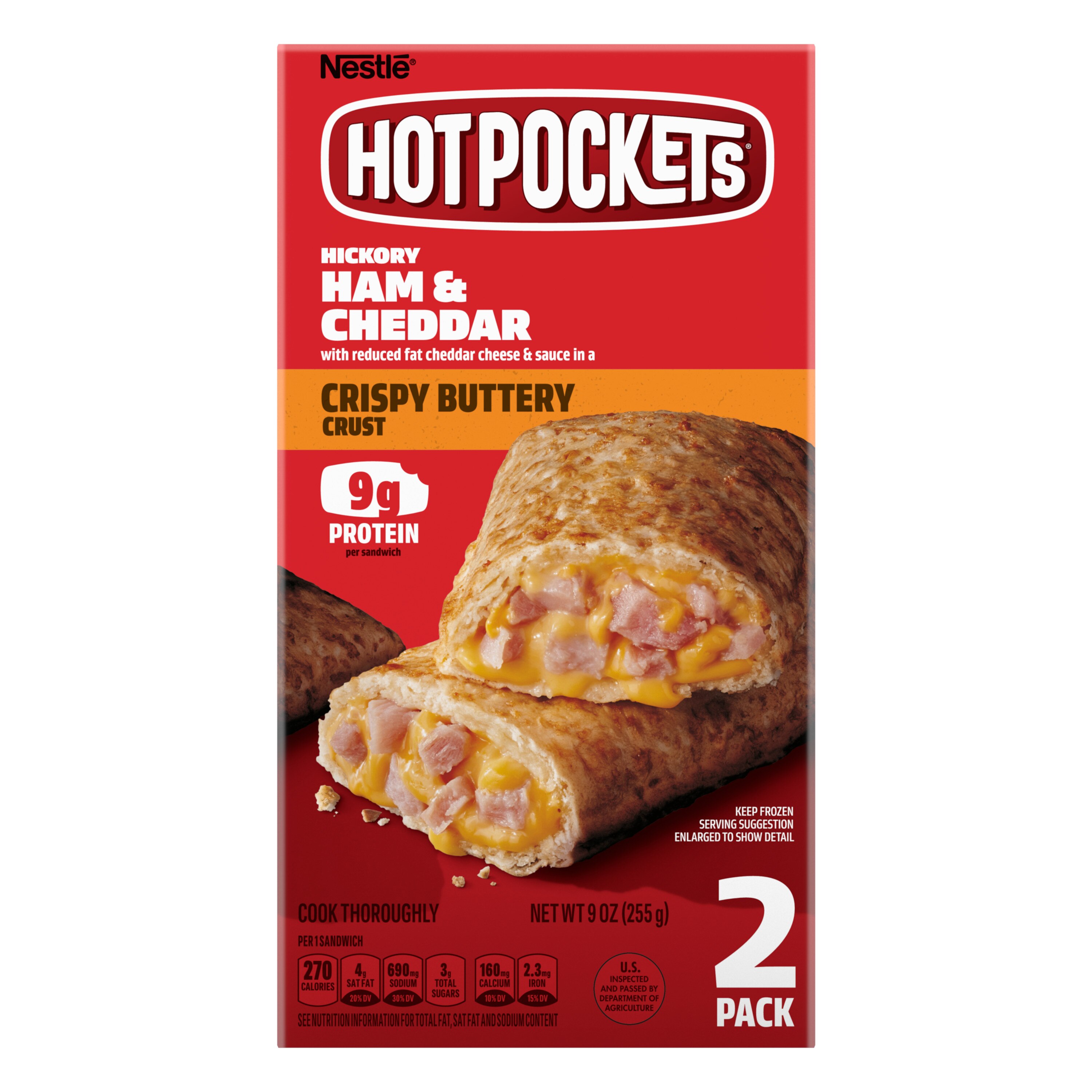 Hot Pockets, Hickory Ham and Cheddar Frozen Snacks in a Crispy Buttery Crust, Frozen Snacks Made with Reduced Fat Cheddar Cheese, 2 Count Frozen Sandwiches, 9 oz