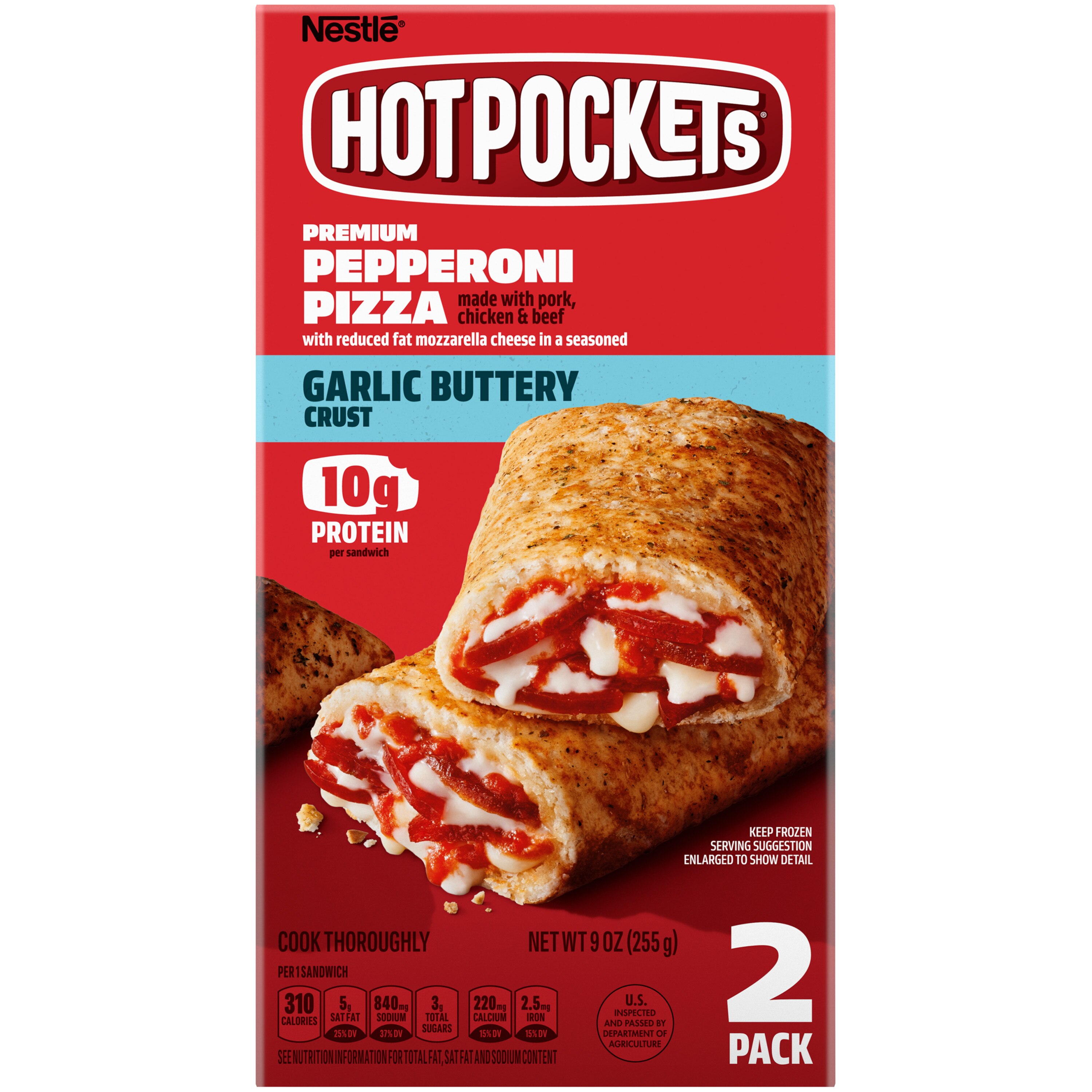 Hot Pockets, Pepperoni Pizza Garlic Buttery Crust Frozen Snacks, Pizza Snacks Made with Mozzarella Cheese, 2 Count Frozen Sandwiches, 9 oz