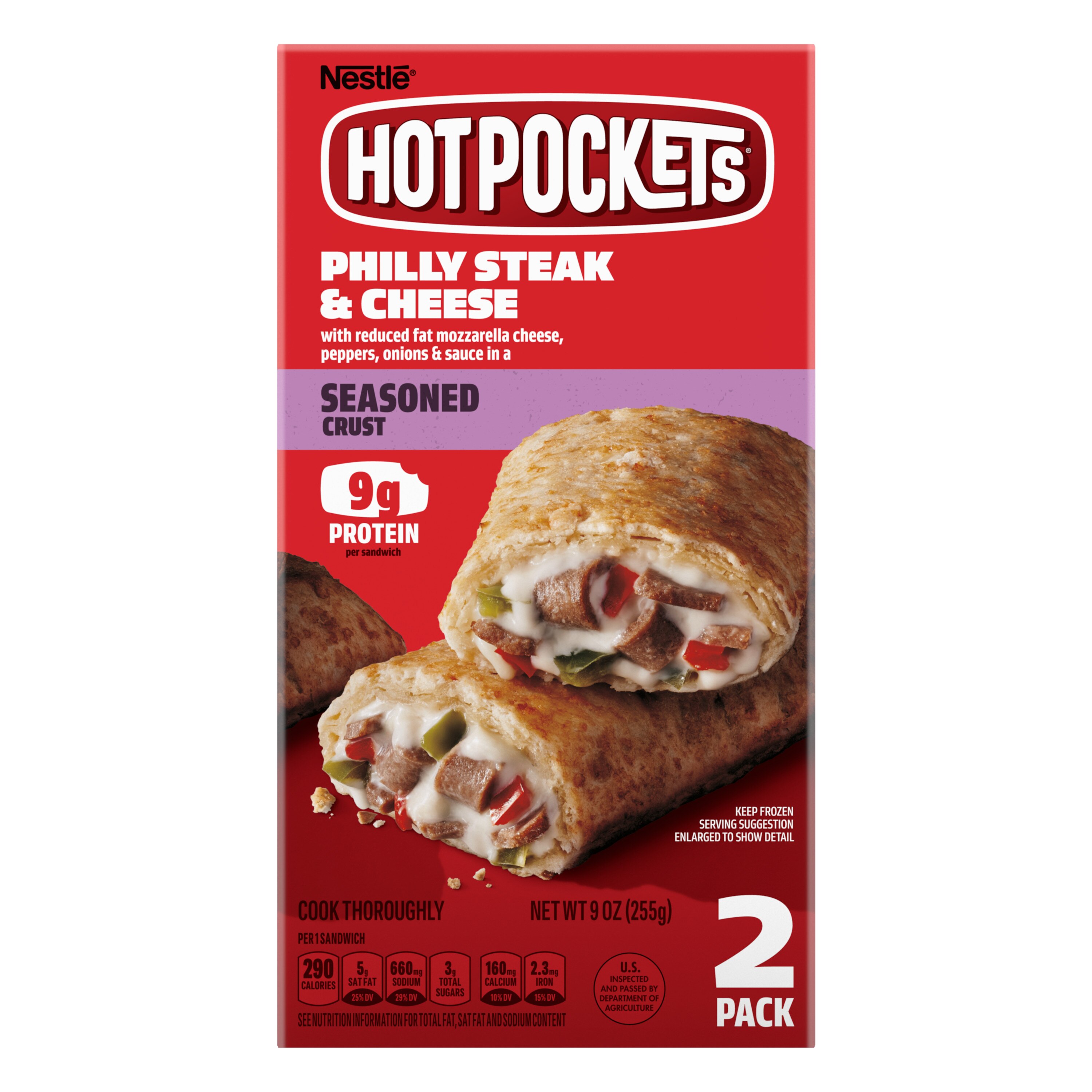 Hot Pockets, Philly Steak and Cheese Frozen Snacks in a Seasoned Crust, Steak and Cheese Snacks Made with Reduced Fat Mozzarella Cheese, 2 Count Frozen Sandwiches, 9 oz