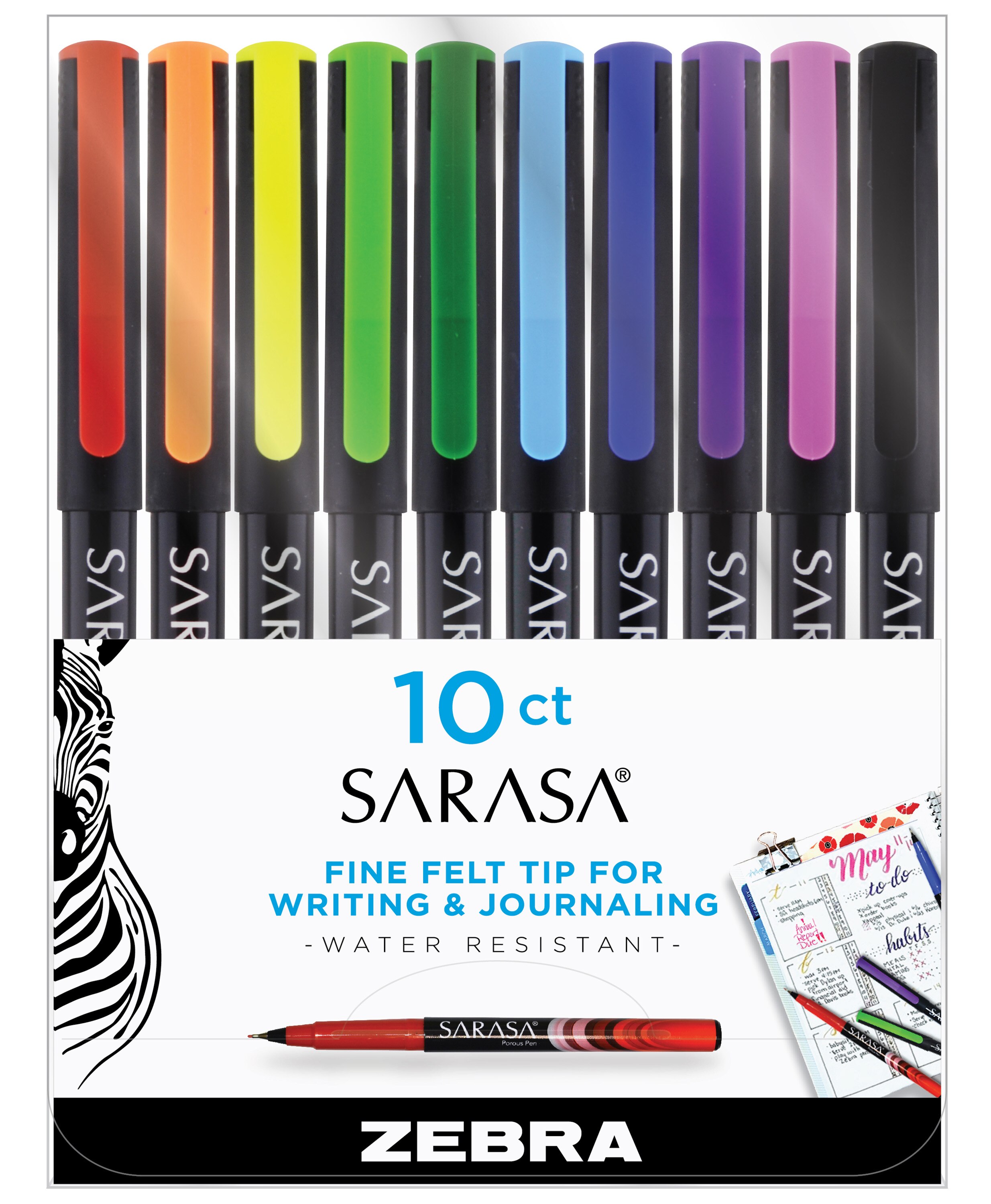 Zebra Pen Sarasa Fineliner Pen, 0.8mm Fine, Assorted, 10 CT