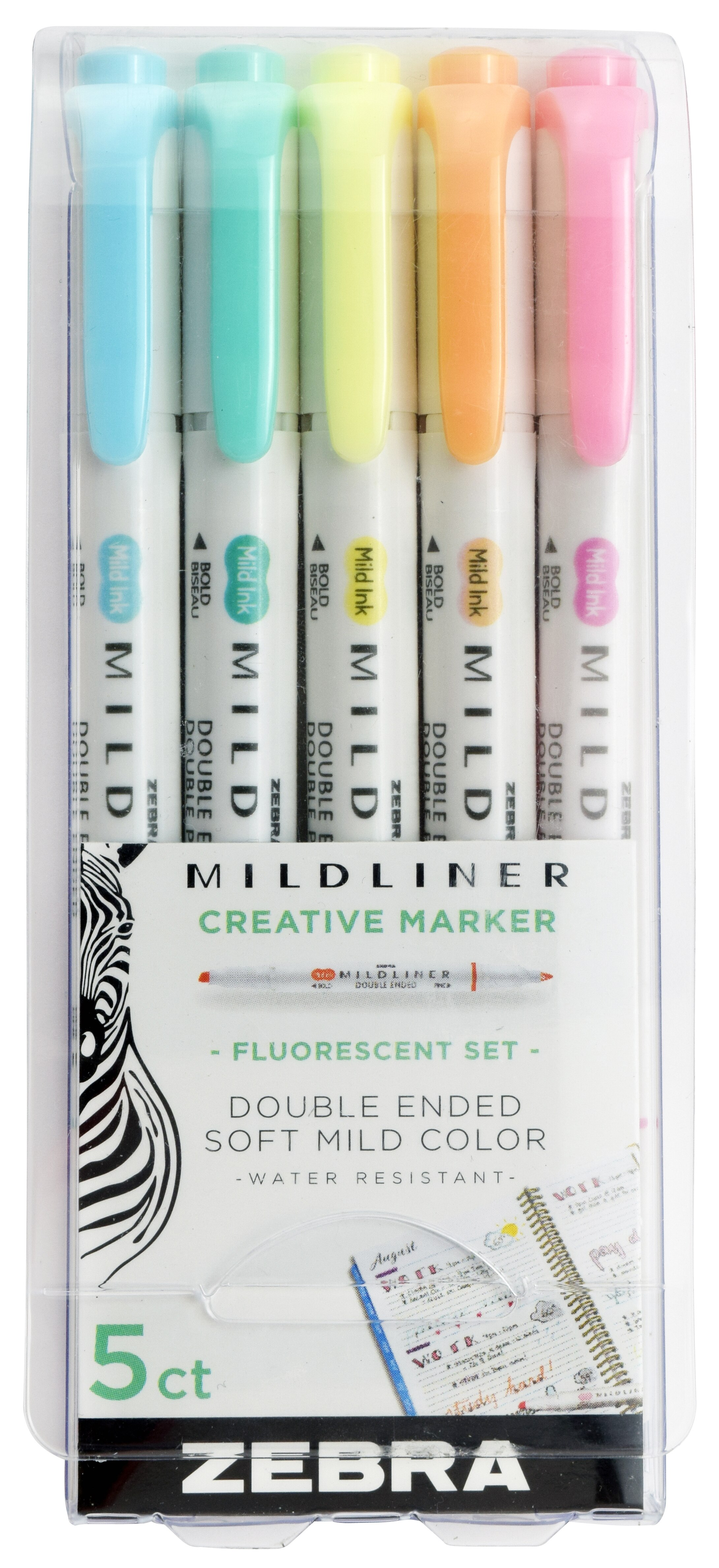 Zebra Pen Mildliner Double Ended Highlighter, Assorted Fluorescent Set, 5 CT