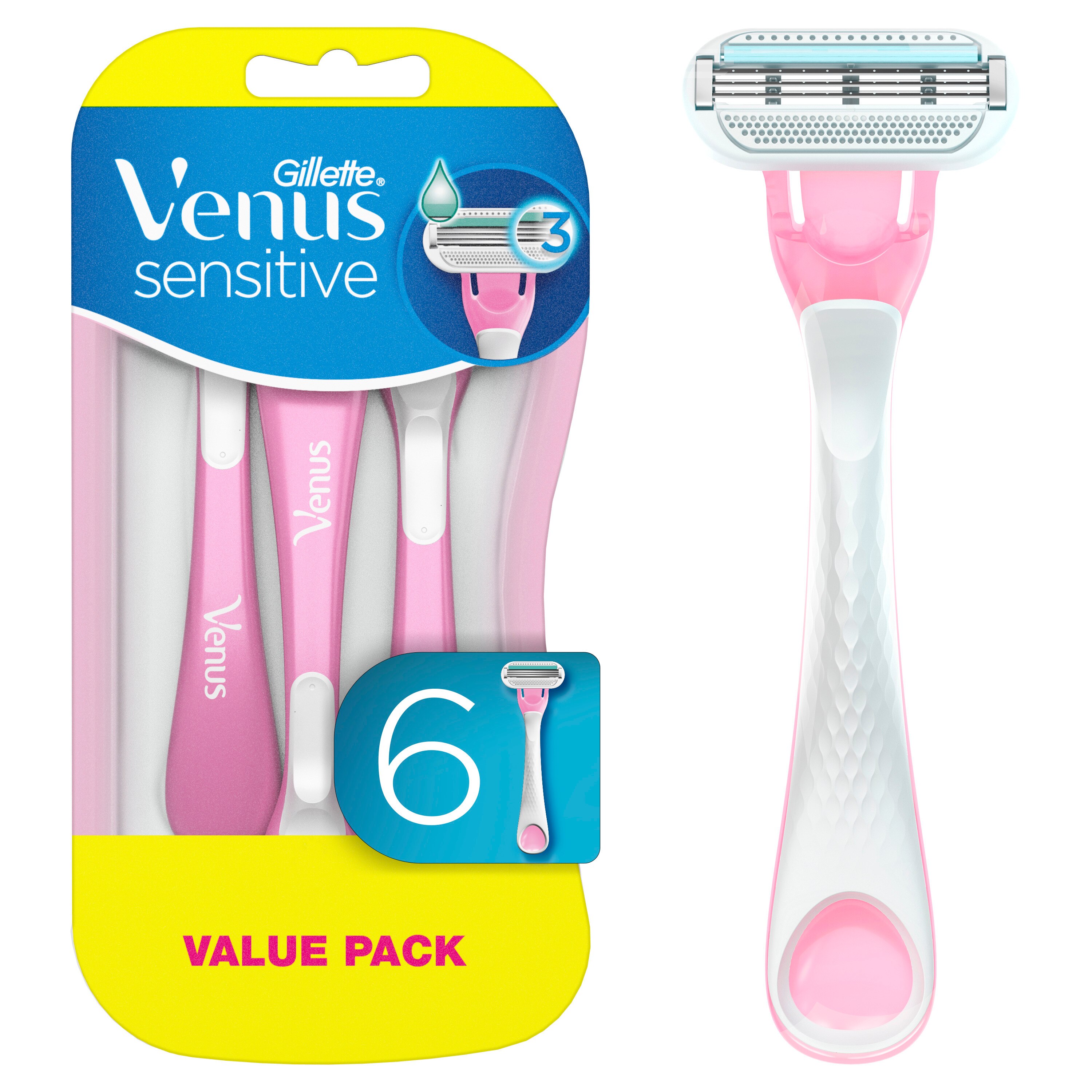 Gillette Venus Sensitive Women's 3-Blade Disposable Razors, 6 CT