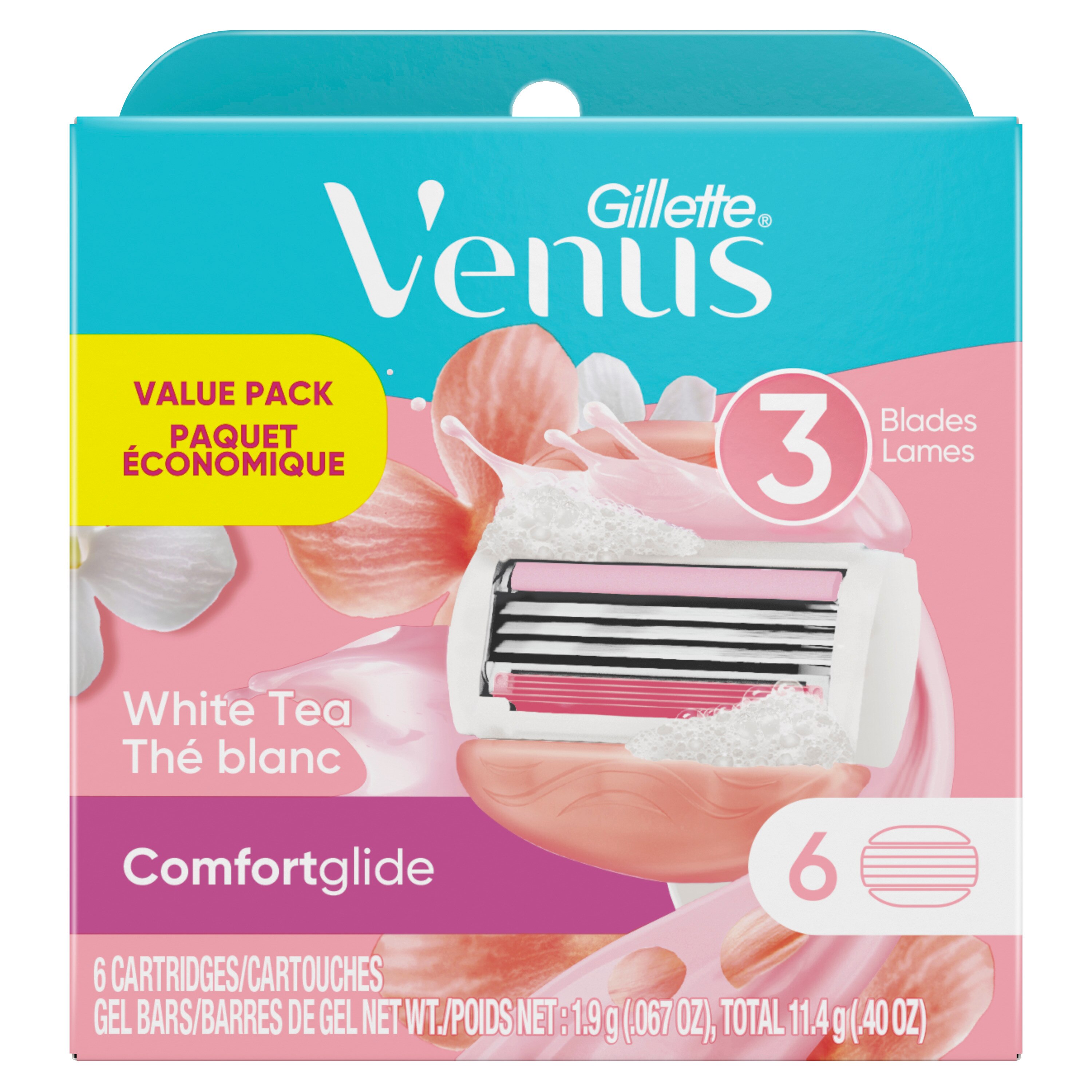 Gillette Venus Women's 3-Blade Razor Blade Refills, White Tea, 6 CT