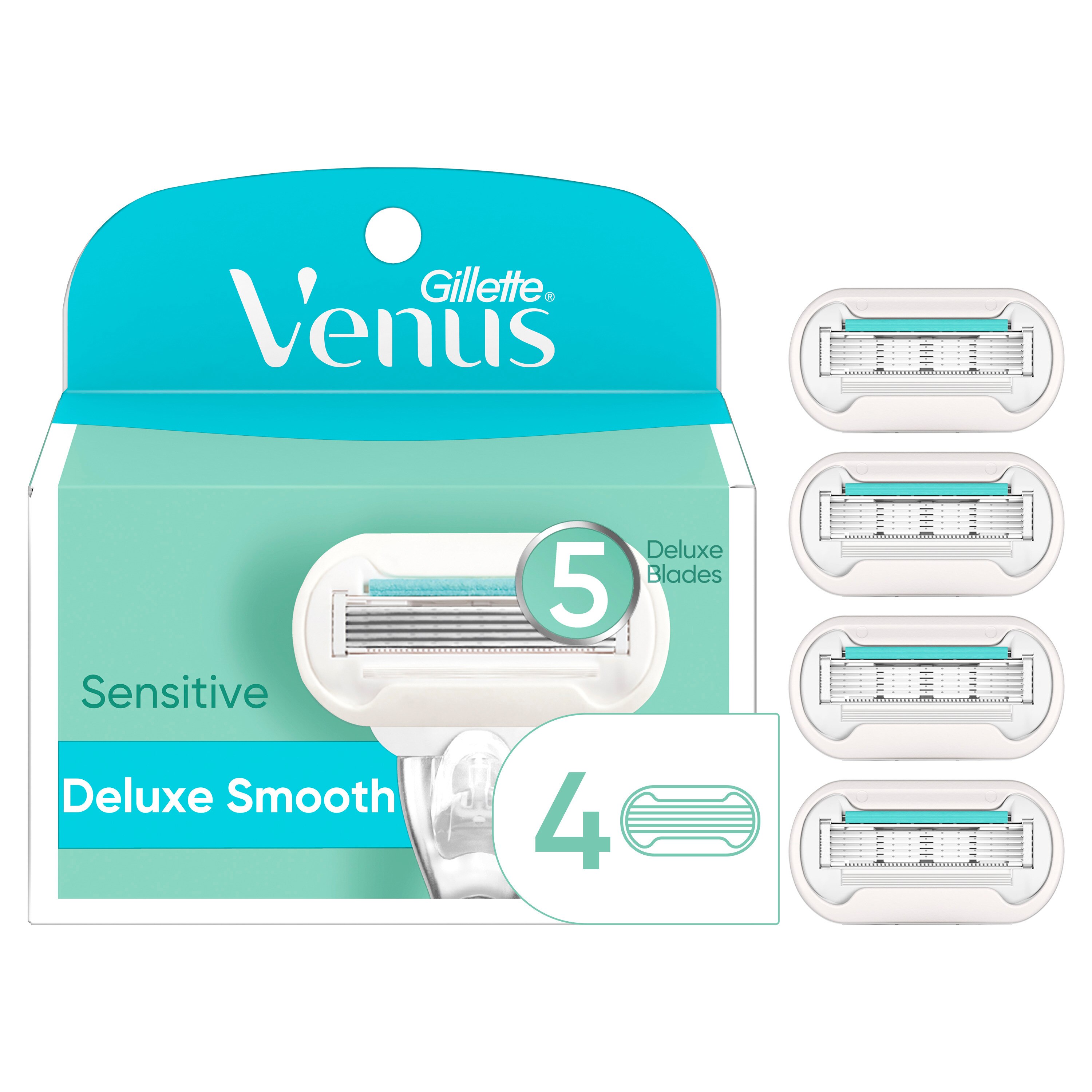 Gillette Venus Sensitive Deluxe Smooth 5-Blade Razor Blade Refills, 4 CT