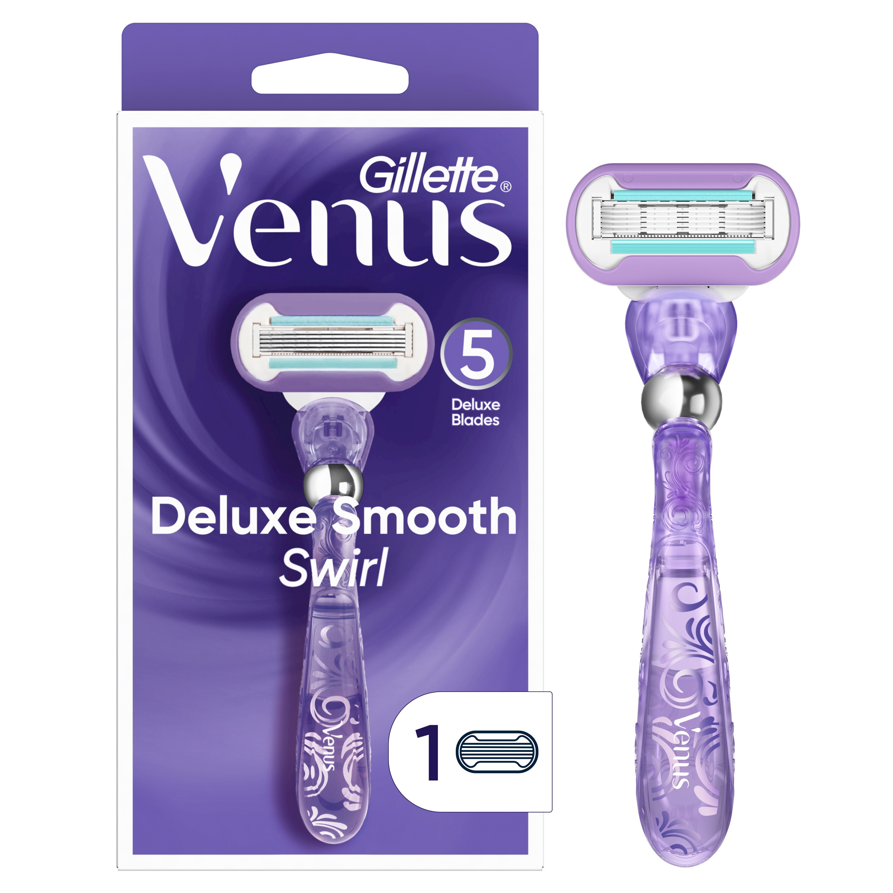 Gillette Venus Deluxe Smooth Swirl 5-Blade Razor + 1 Razor Blade Refill