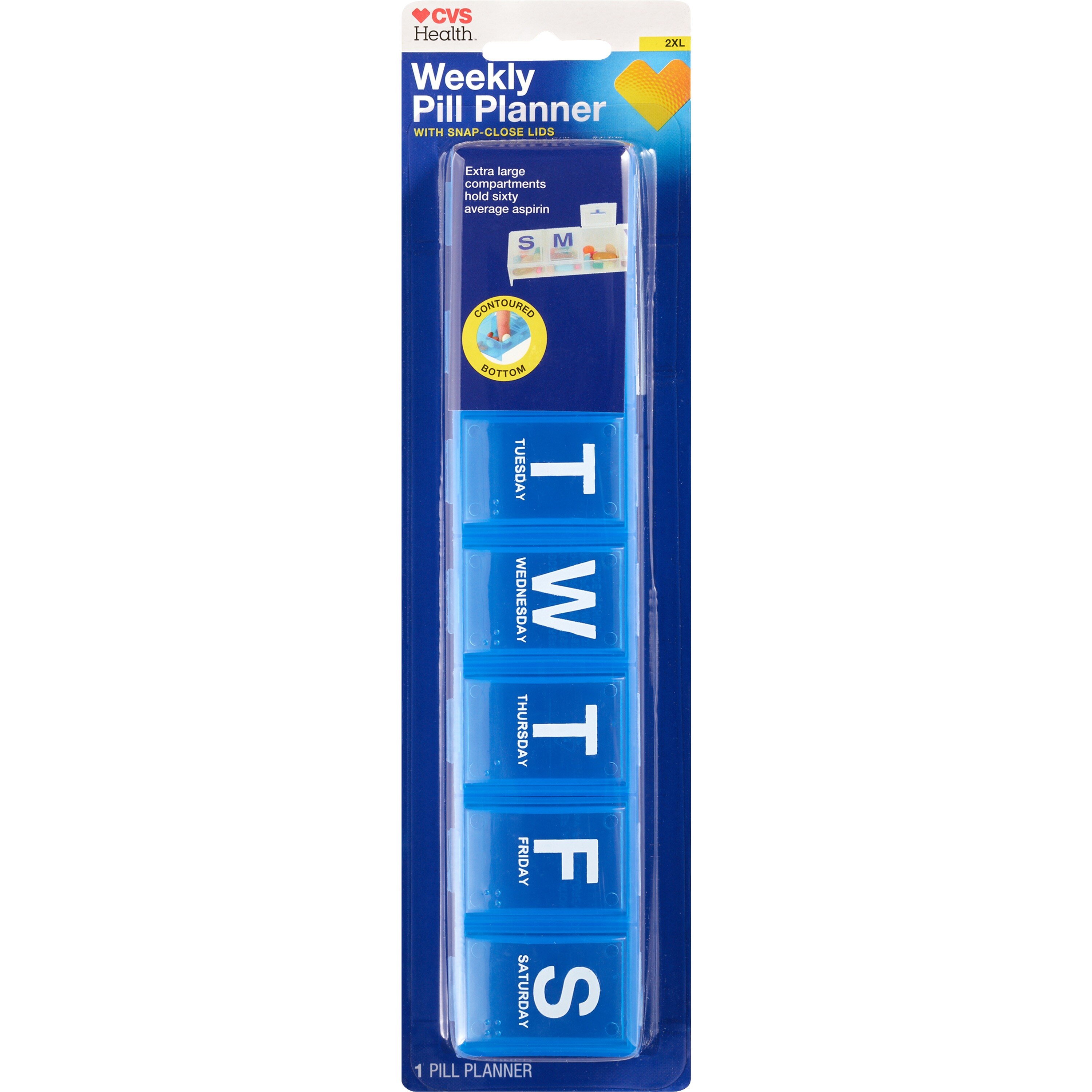 CVS Health Weekly Pill Planner with Contoured Bottom, 2XL, Assorted Colors