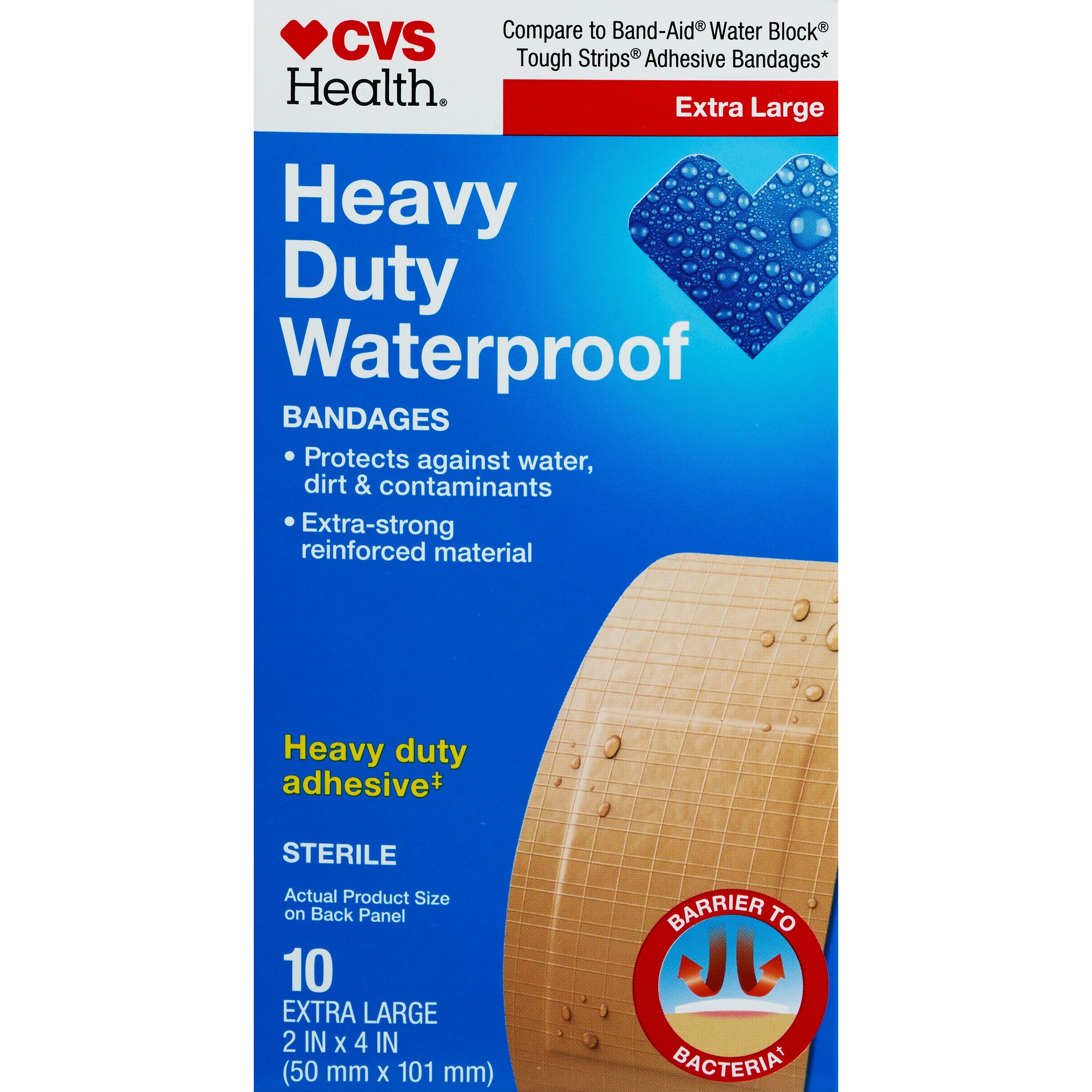 CVS Health Heavy Duty Waterproof Anti-Bacterial Bandages, Extra Large, 10 CT