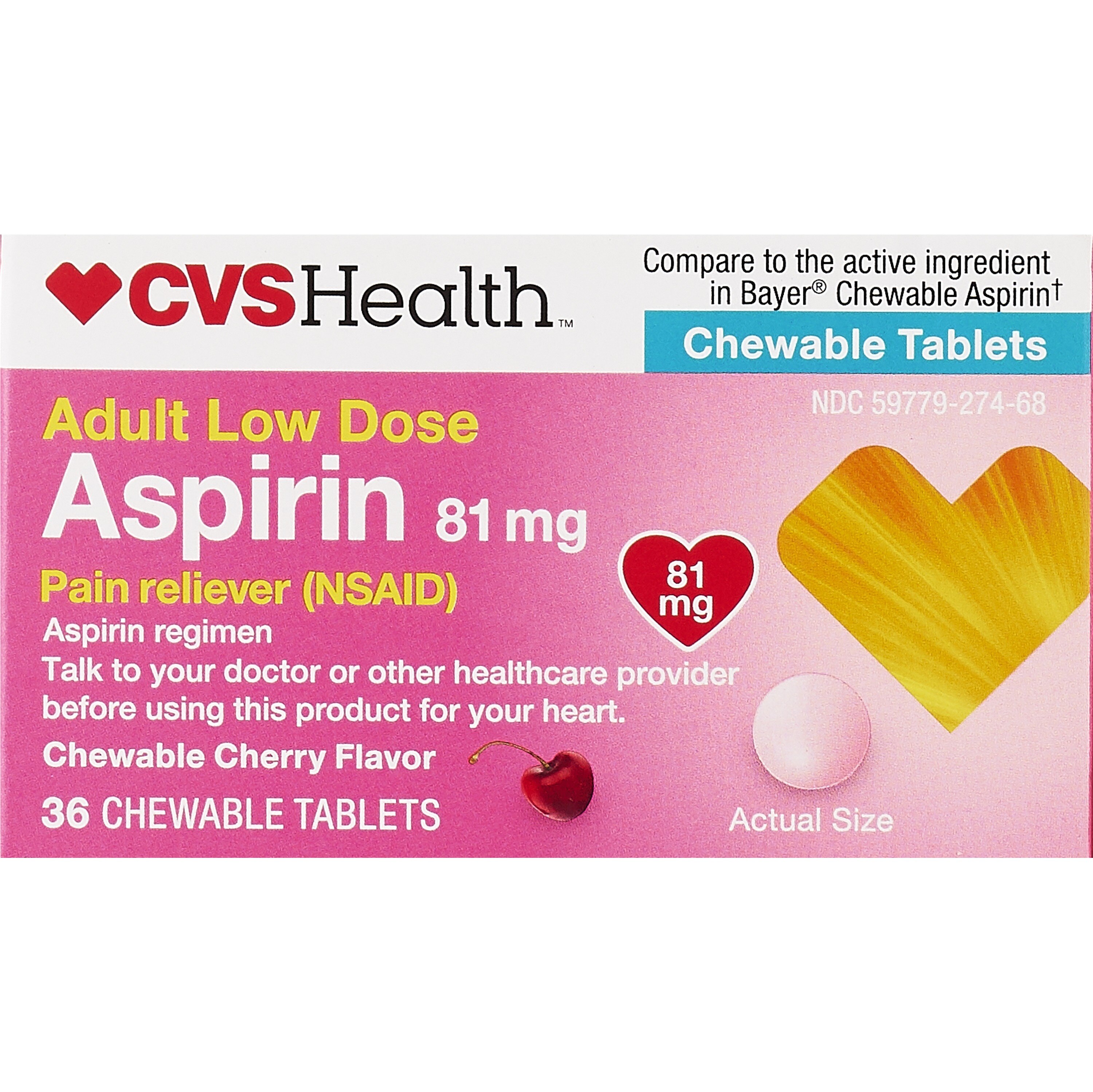 CVS Health Adult Low Dose Aspirin 81 MG Chewable Tablets, Cherry