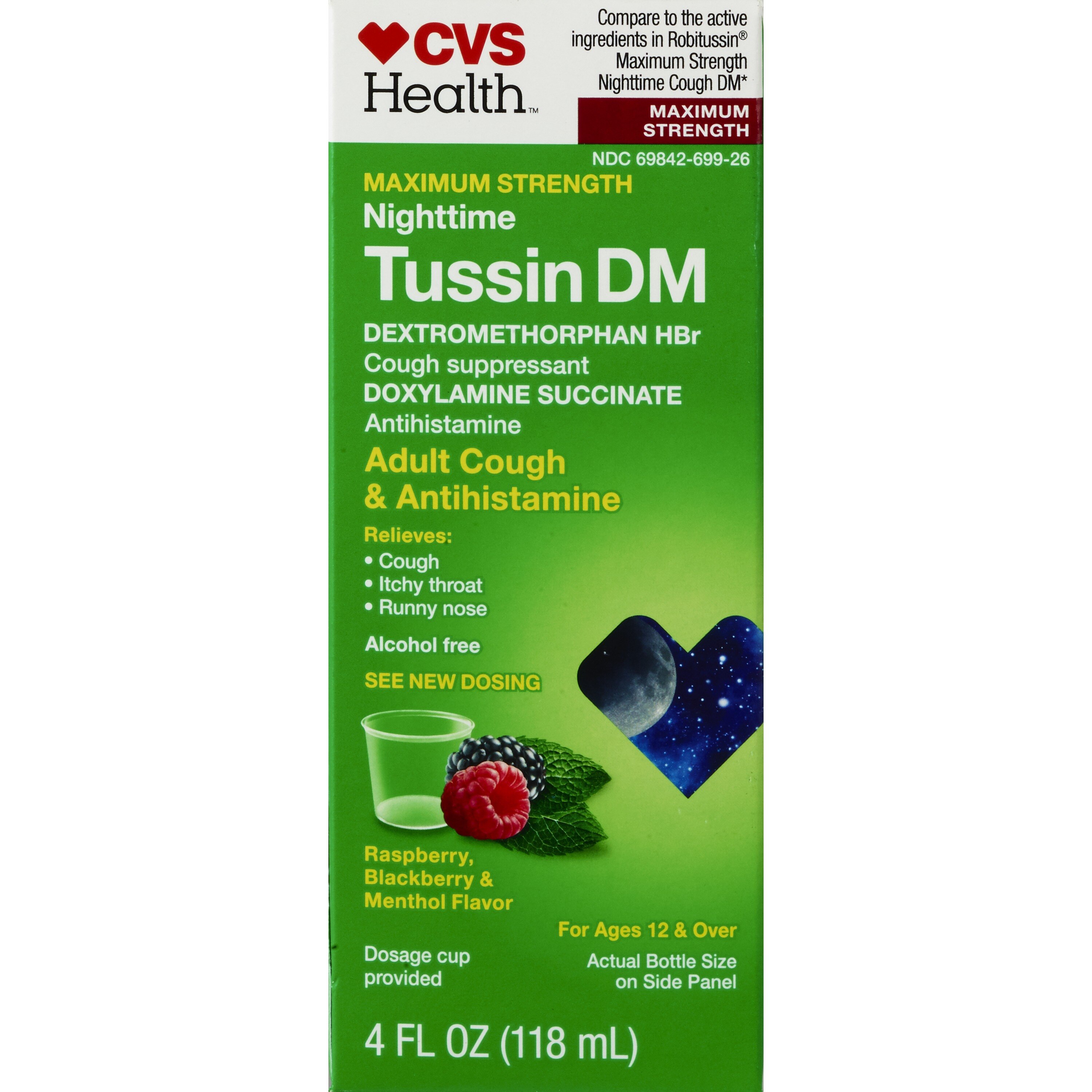 CVS Health Maximum Strength Nighttime Tussin DM Adult Cough Suppressant Liquid, Berry and Menthol, 4 OZ