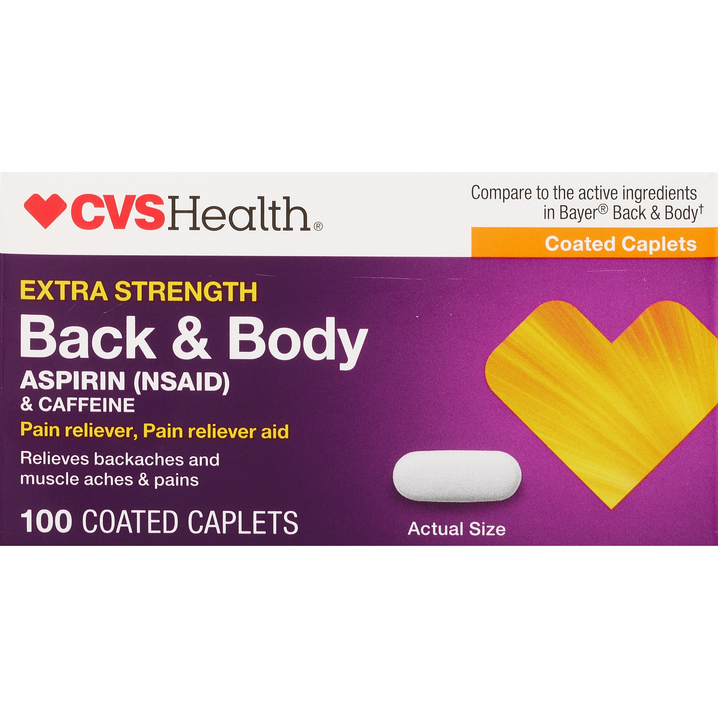 CVS Health Extra Strength Back & Body Aspirin and Caffeine Coated Caplets, 100 CT