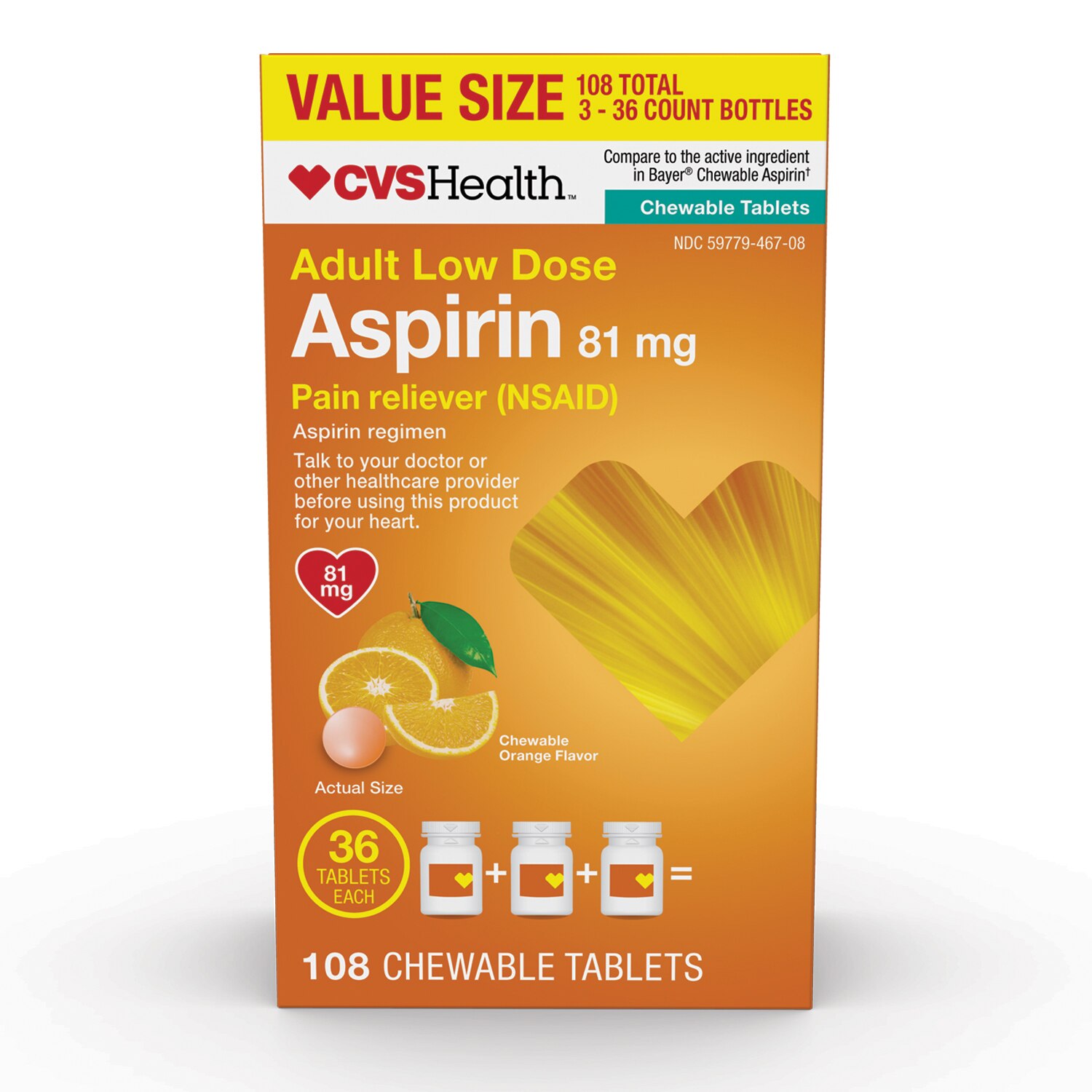 CVS Health Adult Low Dose Aspirin 81 MG Chewable Tablets, Orange