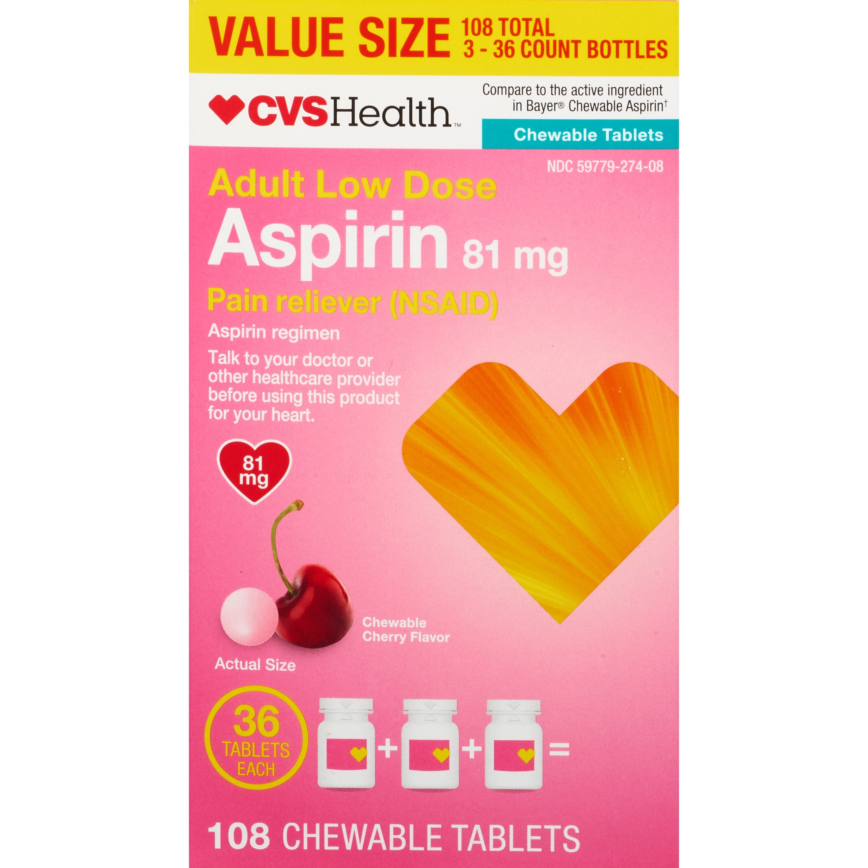 CVS Health Adult Low Dose Aspirin 81 MG Chewable Tablets, Cherry