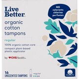 CVS Live Better Organic Cotton Tampons with Compact Plant-Based Plastic Applicator, Regular, 16 CT, thumbnail image 1 of 5